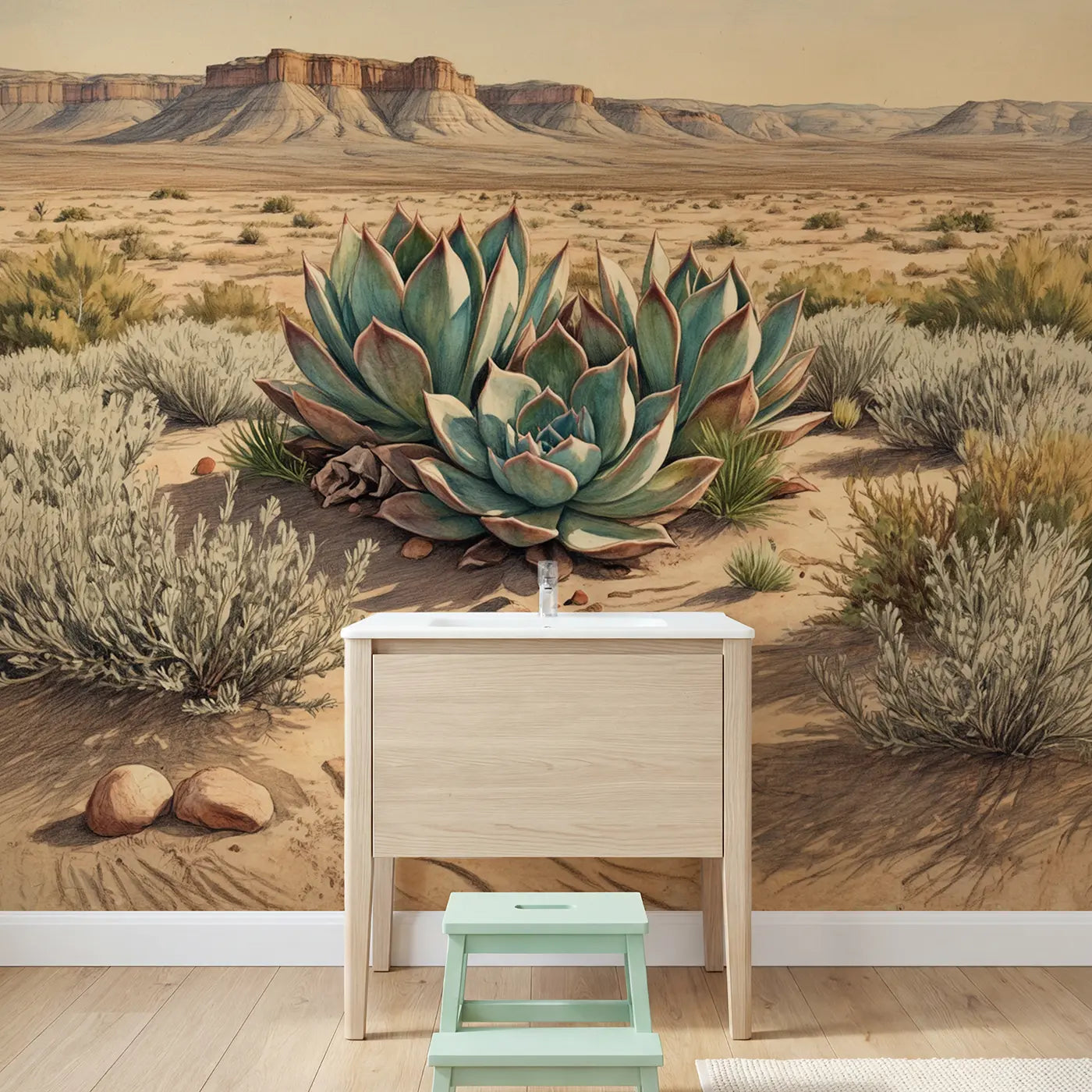 Succulent Rosette Above Wallpaper Mural in playroom setting by Whimsy Tots