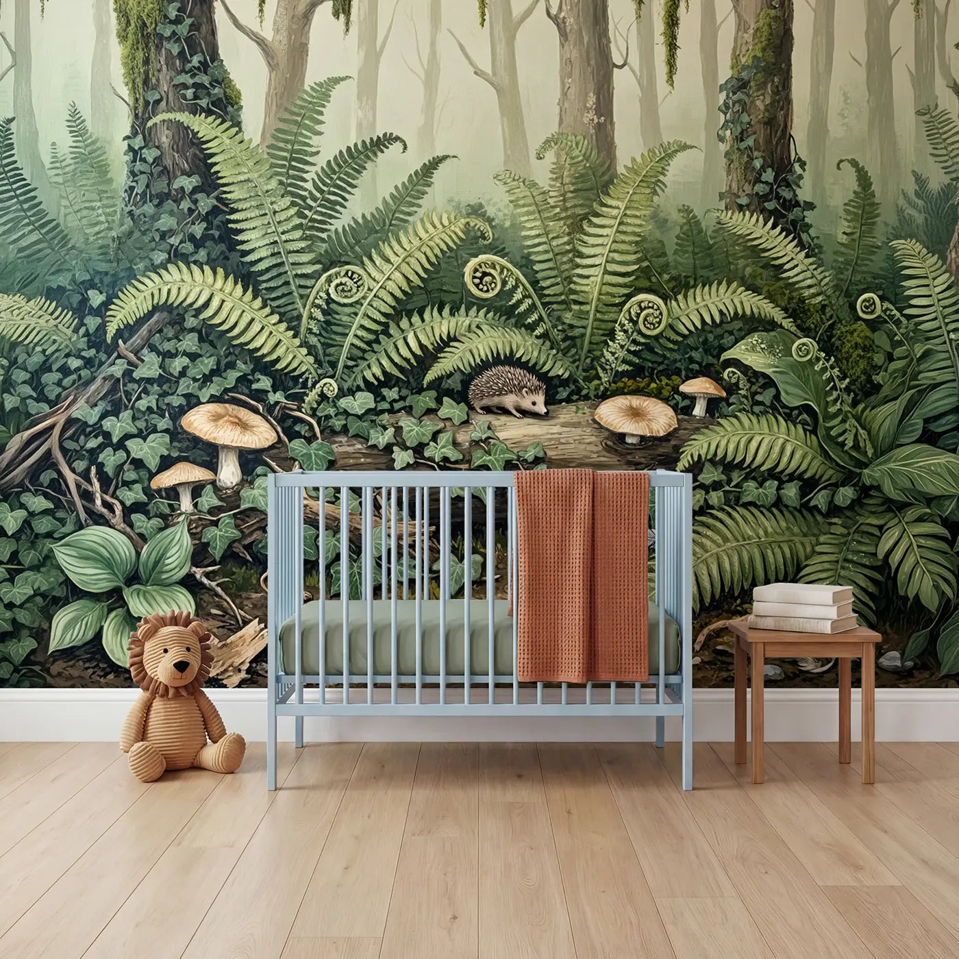 Block print fern and moss botanical wallpaper mural for kids room by Whimsy Tots