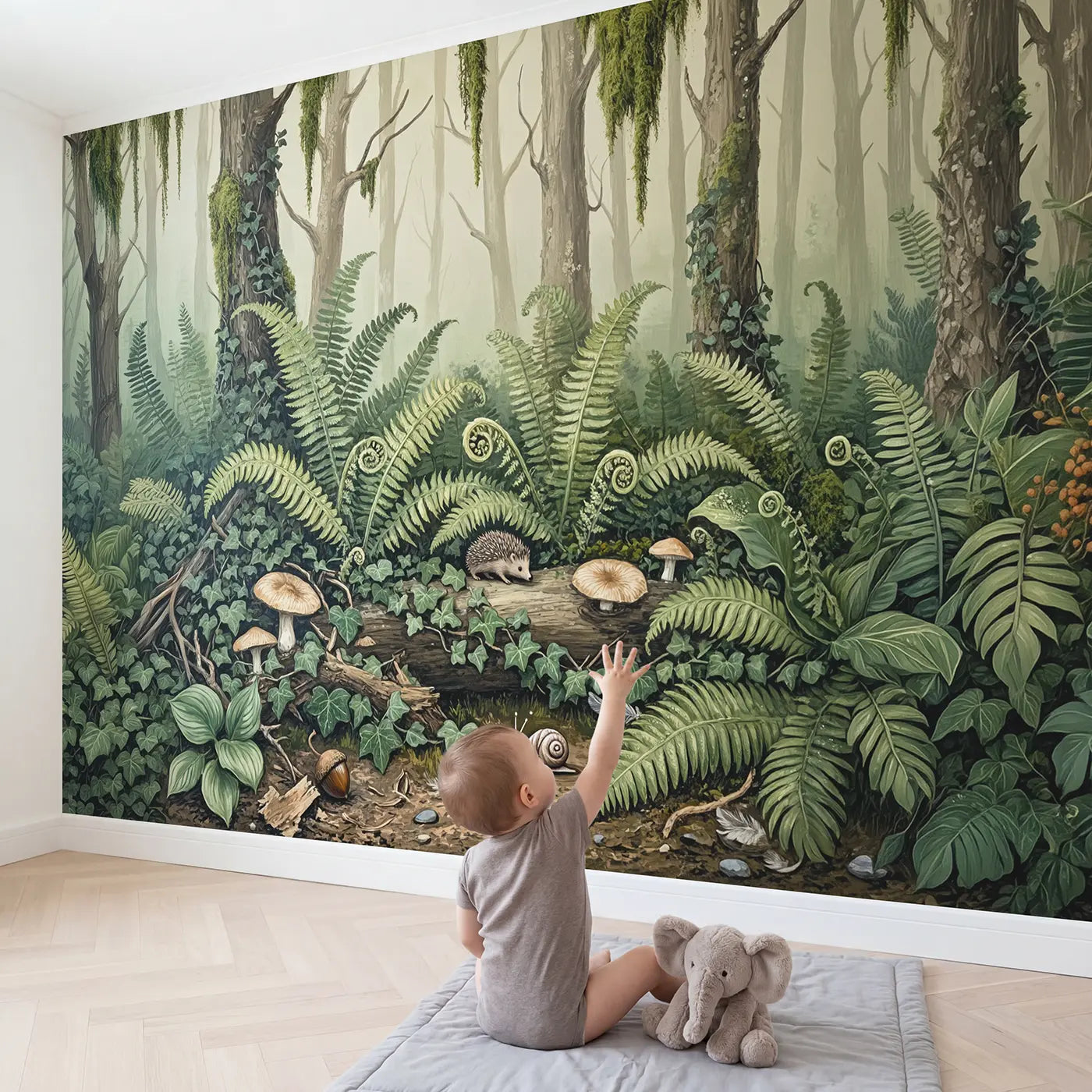 Child in nursery with Fern Forest Floor Wallpaper Mural by Whimsy Tots