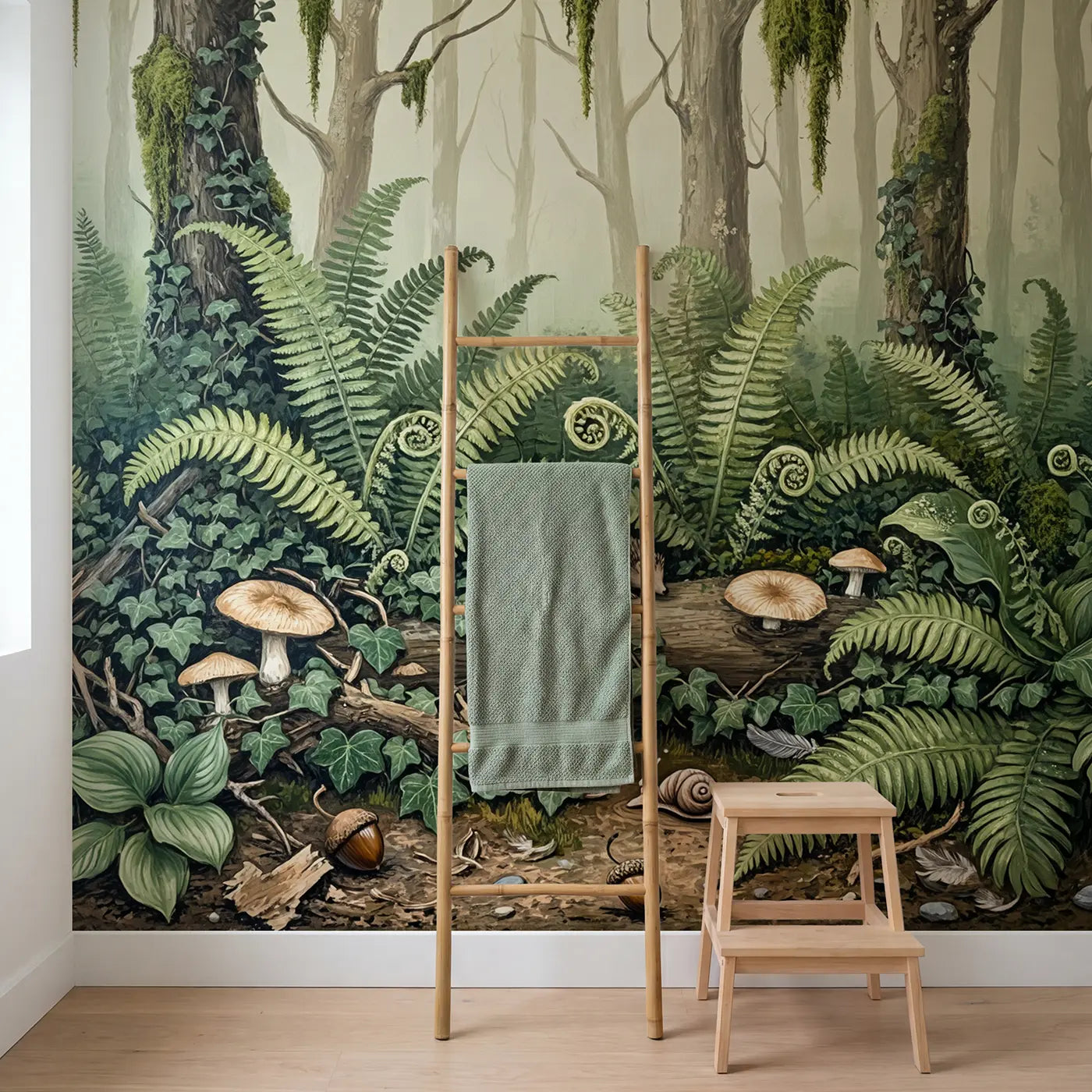 Fern Forest Floor Wallpaper Mural in playroom setting by Whimsy Tots