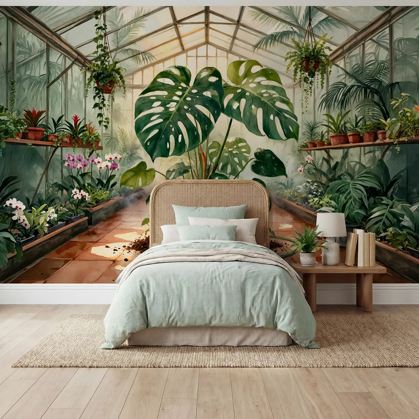 Watercolor monstera greenhouse wallpaper mural for kids room by Whimsy Tots