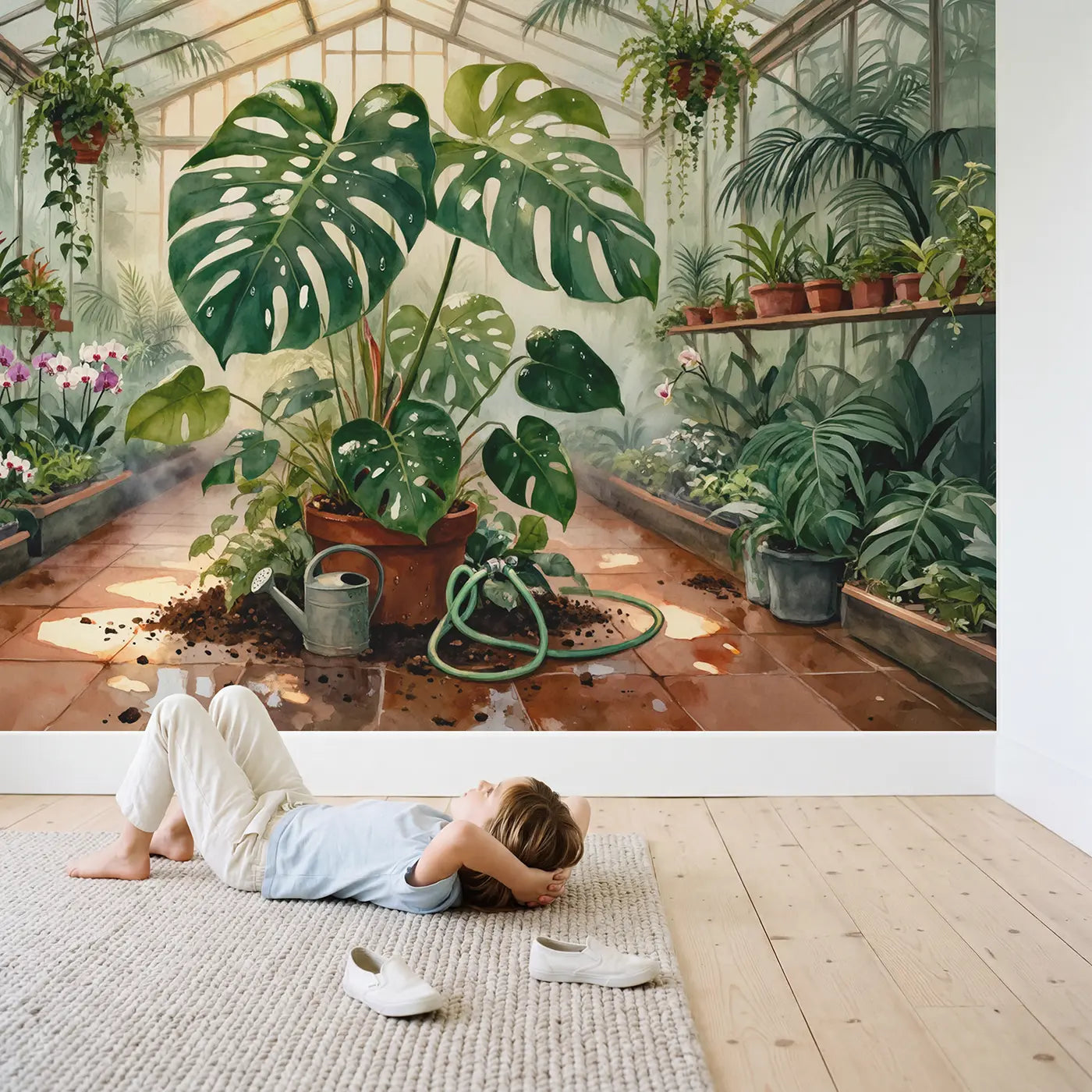 Child in nursery with Giant Monstera Greenhouse Wallpaper Mural by Whimsy Tots