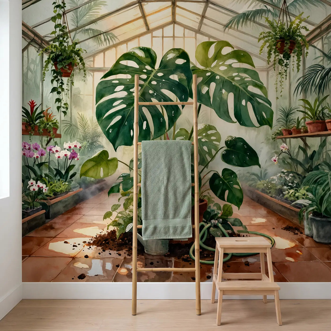 Giant Monstera Greenhouse Wallpaper Mural in playroom setting by Whimsy Tots
