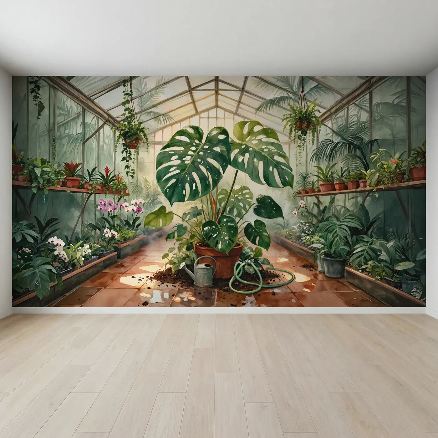 Full view of Giant Monstera Greenhouse Wallpaper Mural by Whimsy Tots