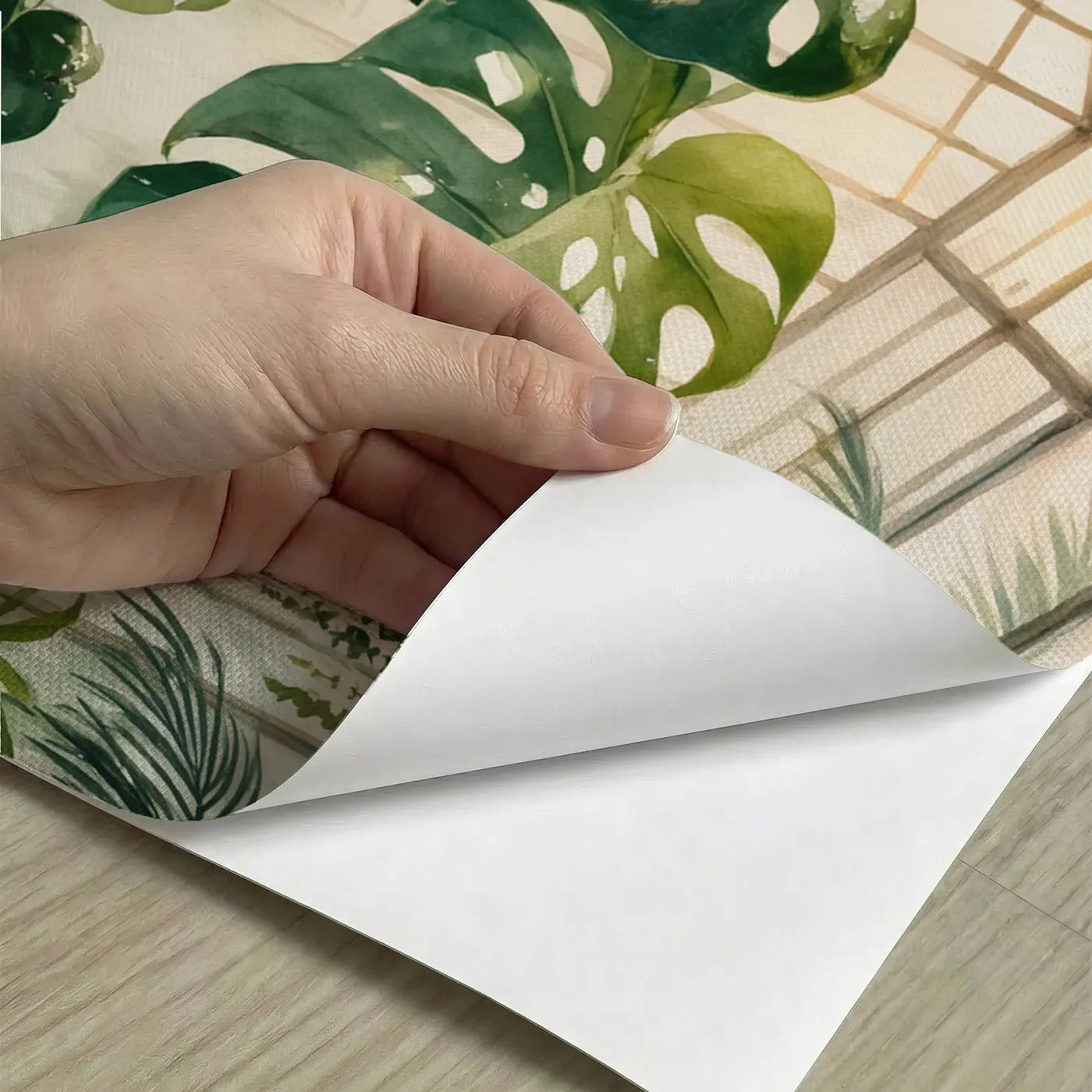 Peel-and-stick detail of Giant Monstera Greenhouse Wallpaper Mural by Whimsy Tots