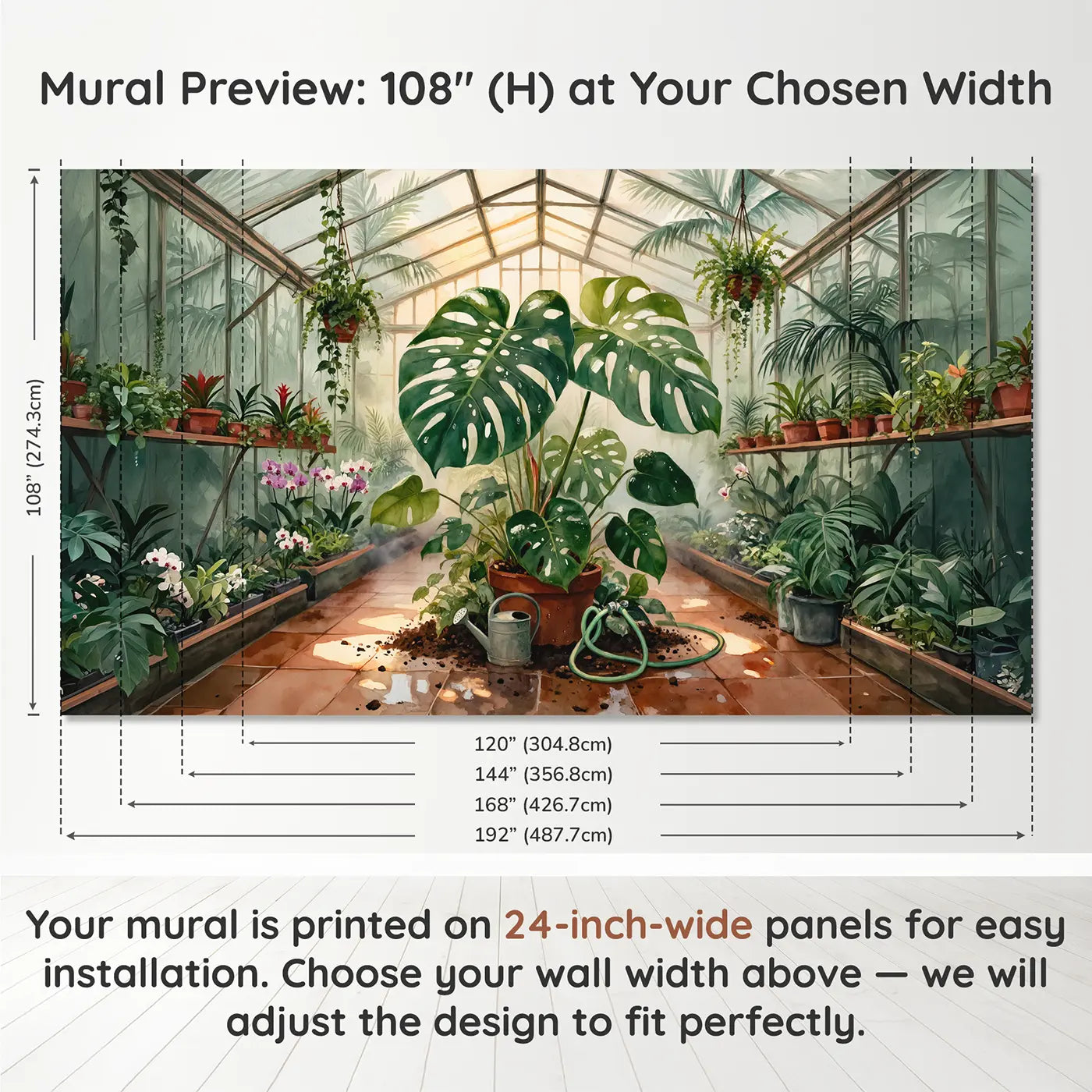 Panel layout and dimensions for Giant Monstera Greenhouse Wallpaper Mural by Whimsy Tots