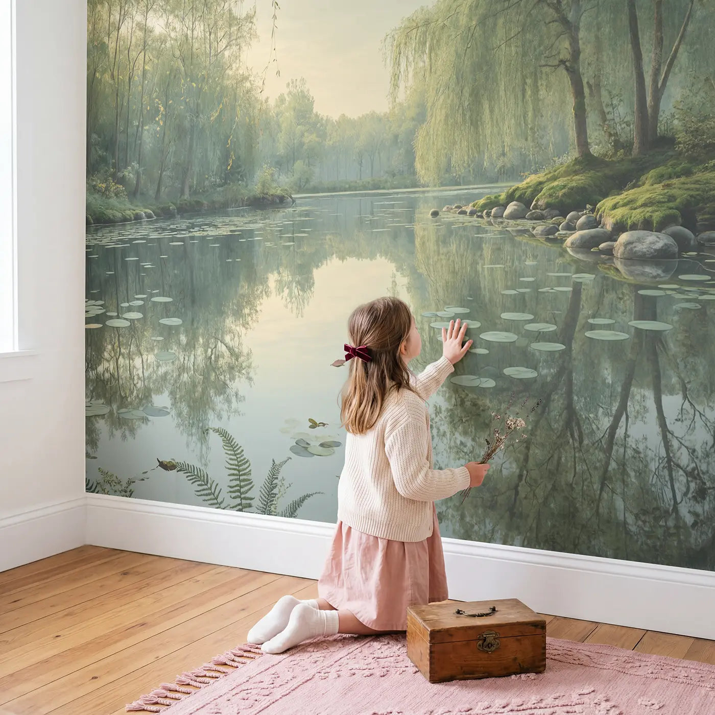 Child in nursery with Forest Pool Reflection Wallpaper Mural by Whimsy Tots