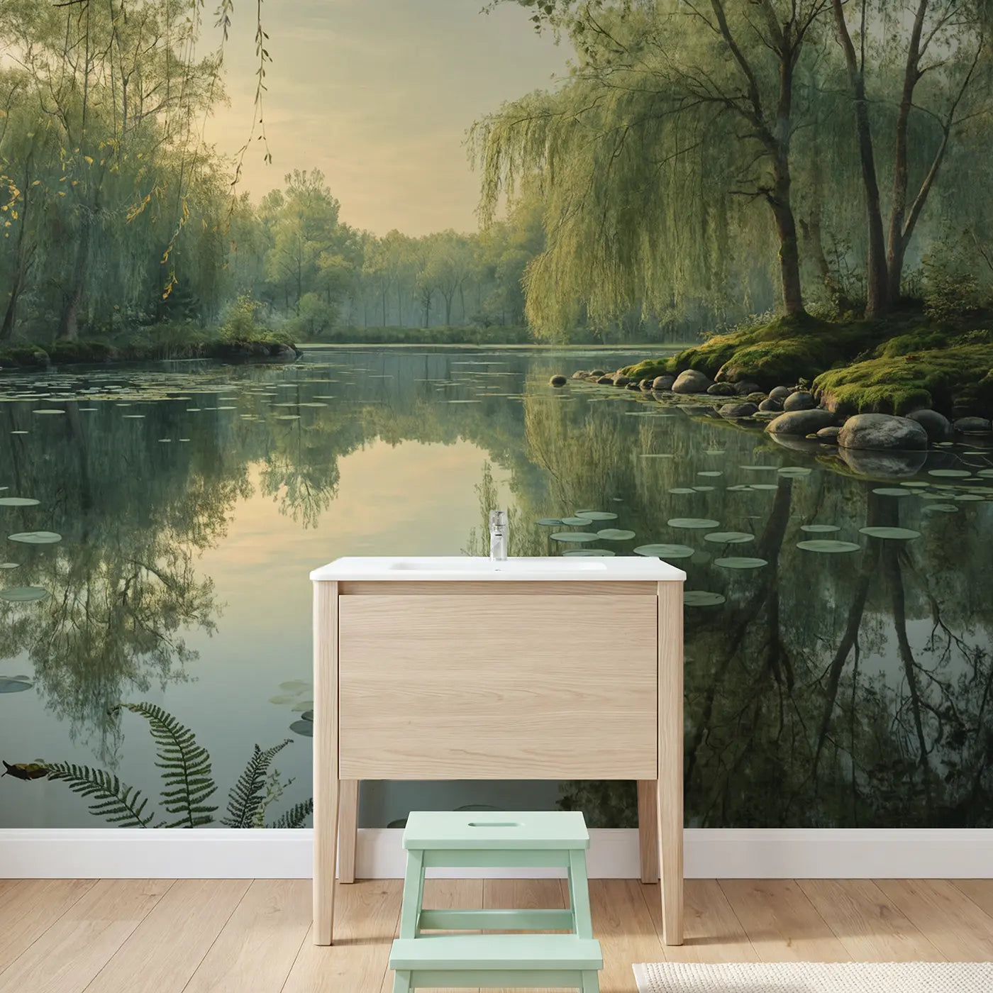 Forest Pool Reflection Wallpaper Mural in playroom setting by Whimsy Tots