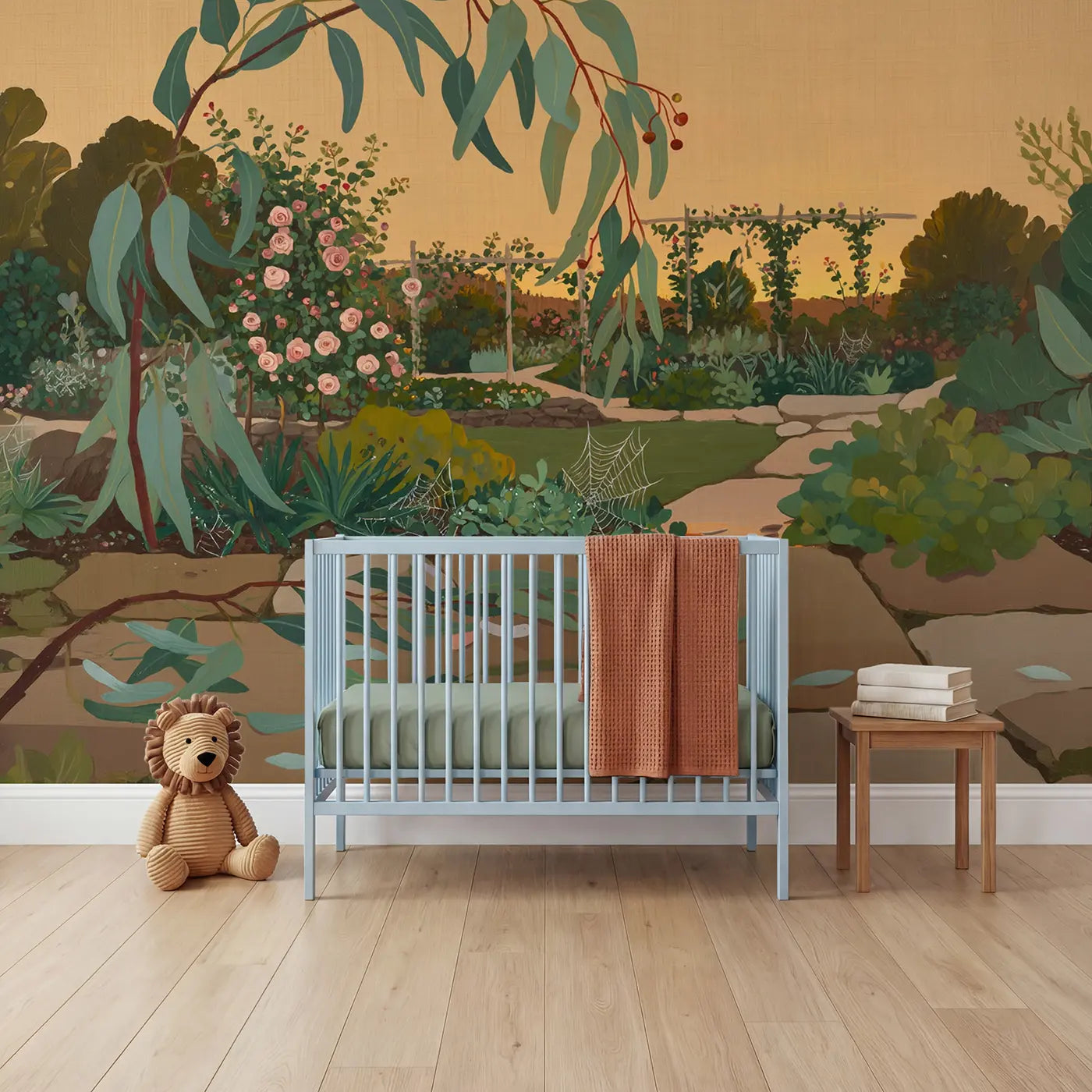 Modern illustration eucalyptus botanical wallpaper mural for nursery by Whimsy Tots
