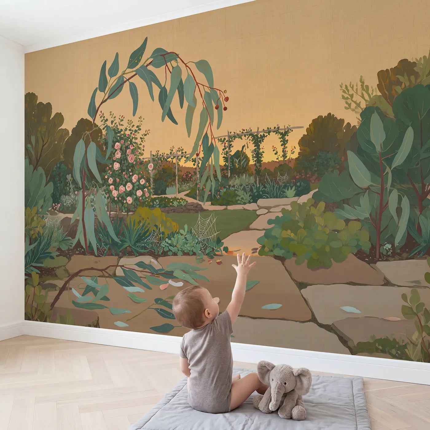 Child in nursery with Eucalyptus Branch Cascade Seed Wallpaper Mural by Whimsy Tots