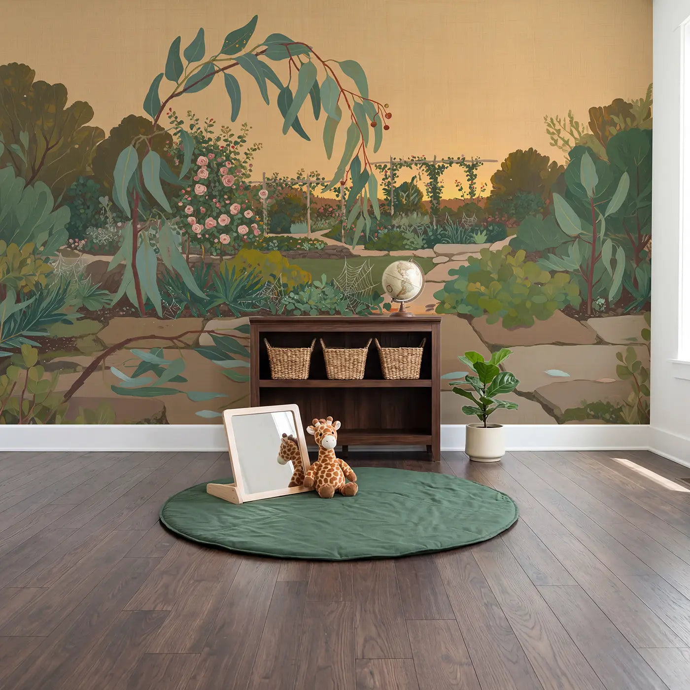 Eucalyptus Branch Cascade Seed Wallpaper Mural in playroom setting by Whimsy Tots