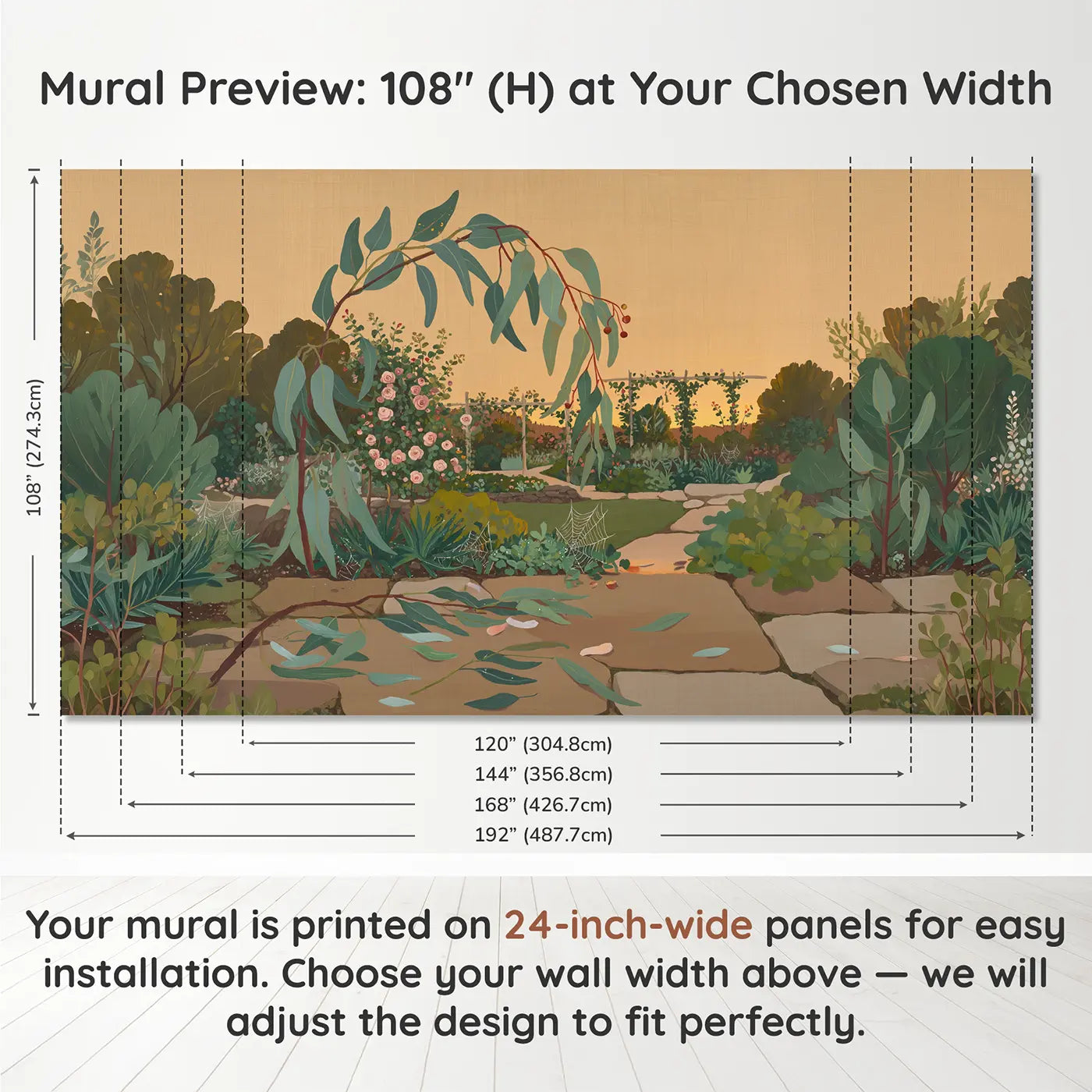 Panel layout and dimensions for Eucalyptus Branch Cascade Seed Wallpaper Mural by Whimsy Tots