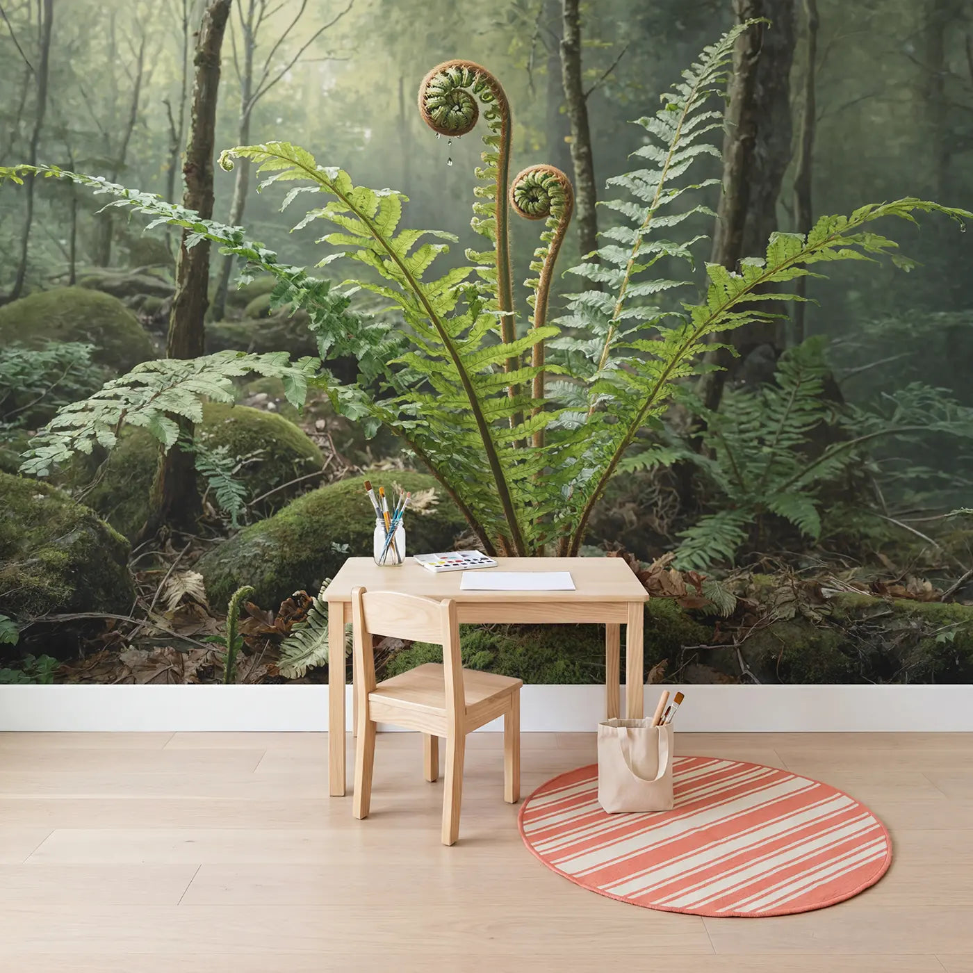 Unfurling Fern Spiral Wallpaper Mural in playroom setting by Whimsy Tots