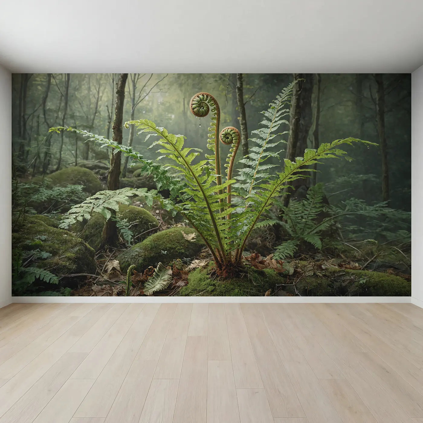 Full view of Unfurling Fern Spiral Wallpaper Mural by Whimsy Tots