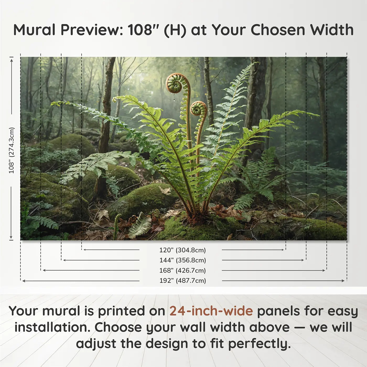 Panel layout and dimensions for Unfurling Fern Spiral Wallpaper Mural by Whimsy Tots