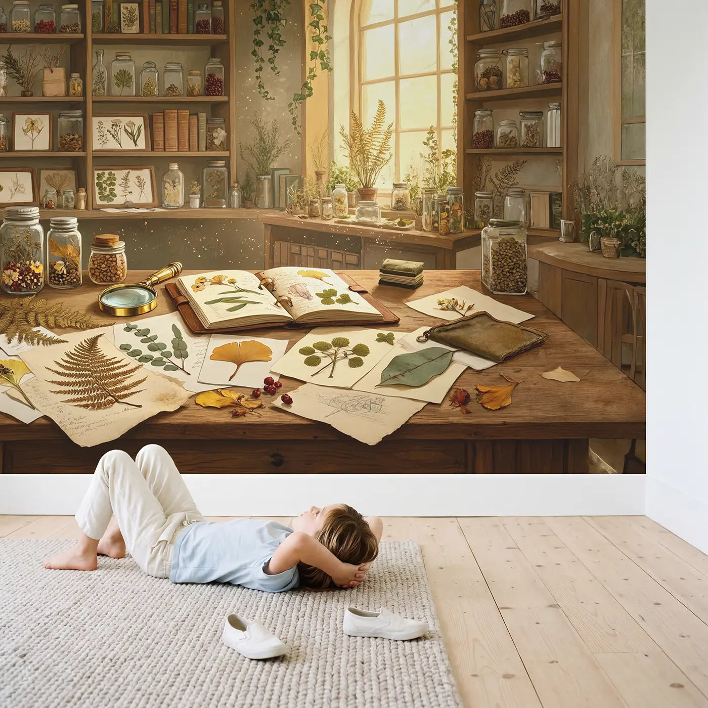 Child in nursery with Botanical Study Table Wallpaper Mural by Whimsy Tots