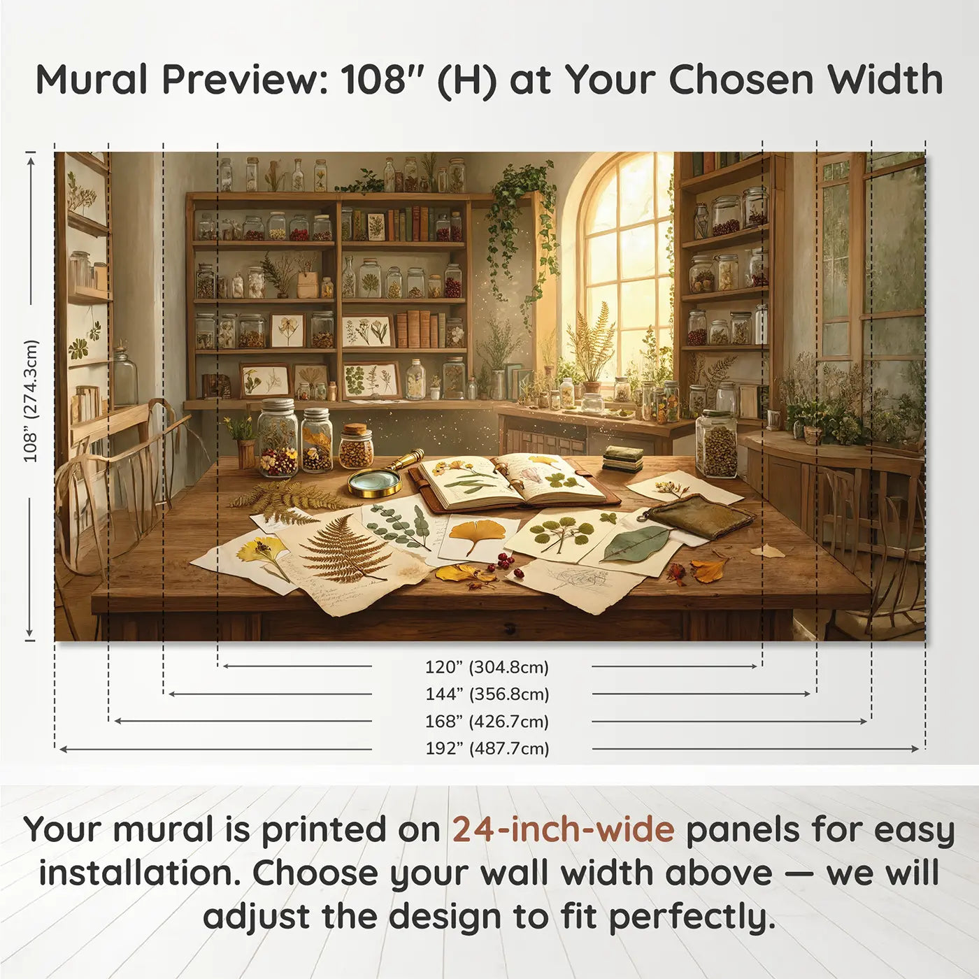 Panel layout and dimensions for Botanical Study Table Wallpaper Mural by Whimsy Tots