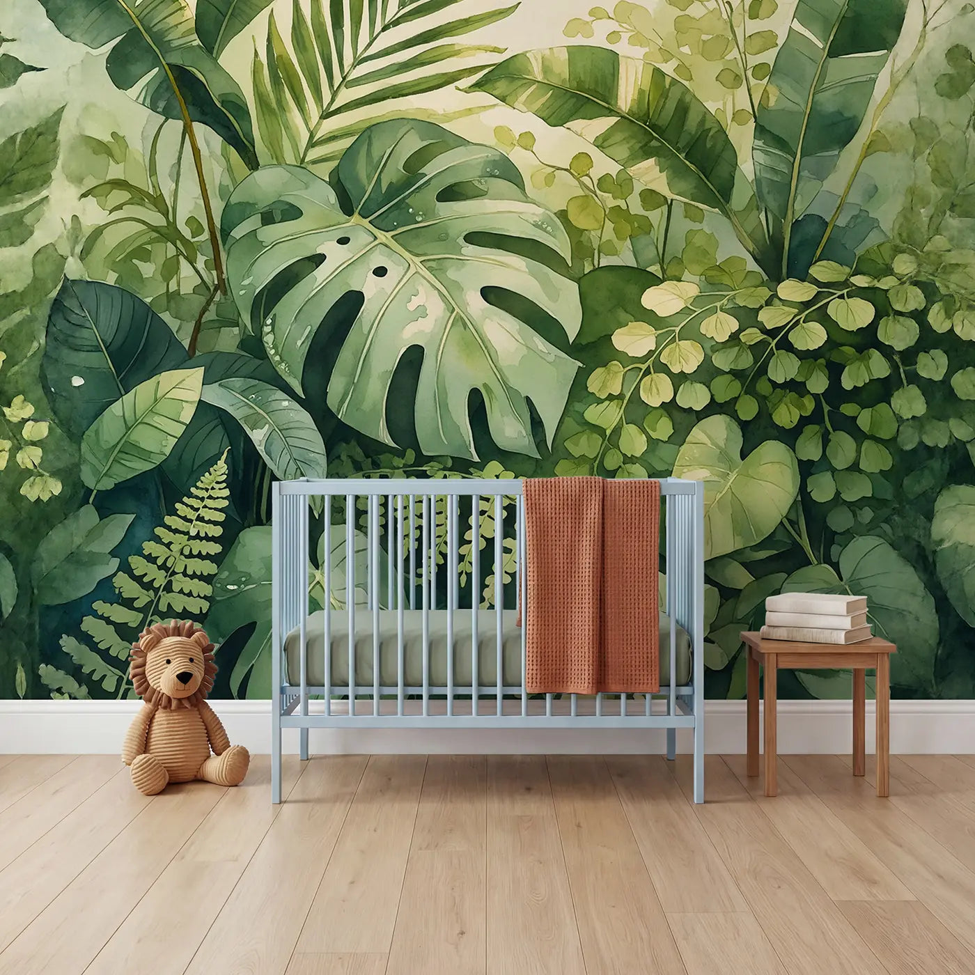 Watercolor monstera palm fern tropical wallpaper mural for nursery by Whimsy Tots