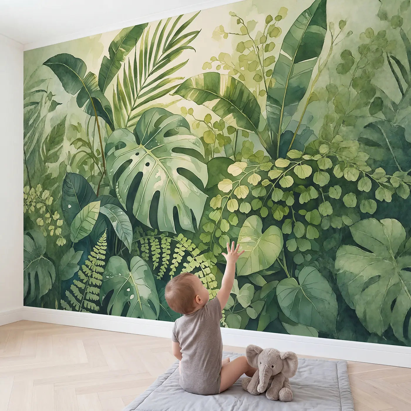 Child in nursery with Tropical Leaf Arrangement Wallpaper Mural by Whimsy Tots