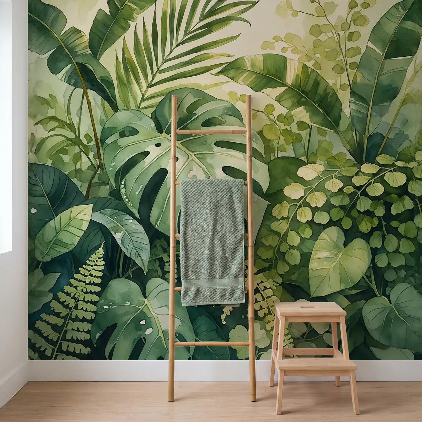 Tropical Leaf Arrangement Wallpaper Mural in playroom setting by Whimsy Tots