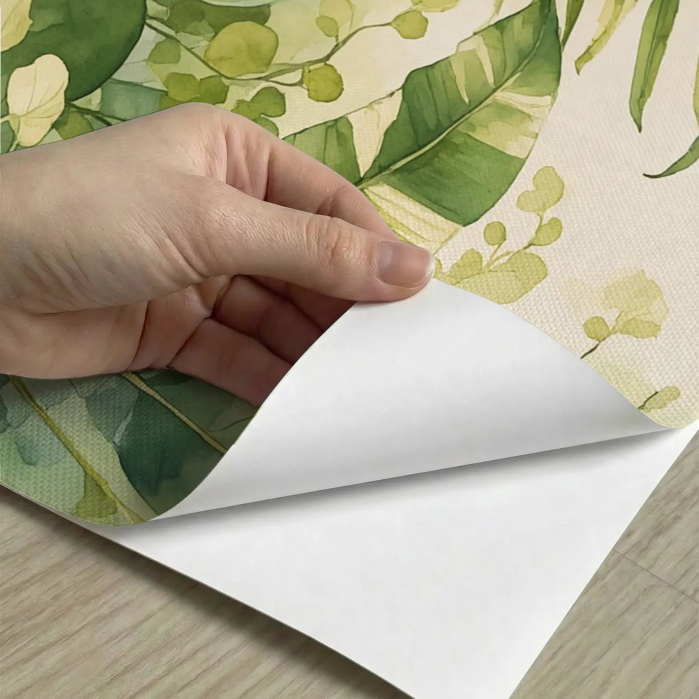 Peel-and-stick detail of Tropical Leaf Arrangement Wallpaper Mural by Whimsy Tots