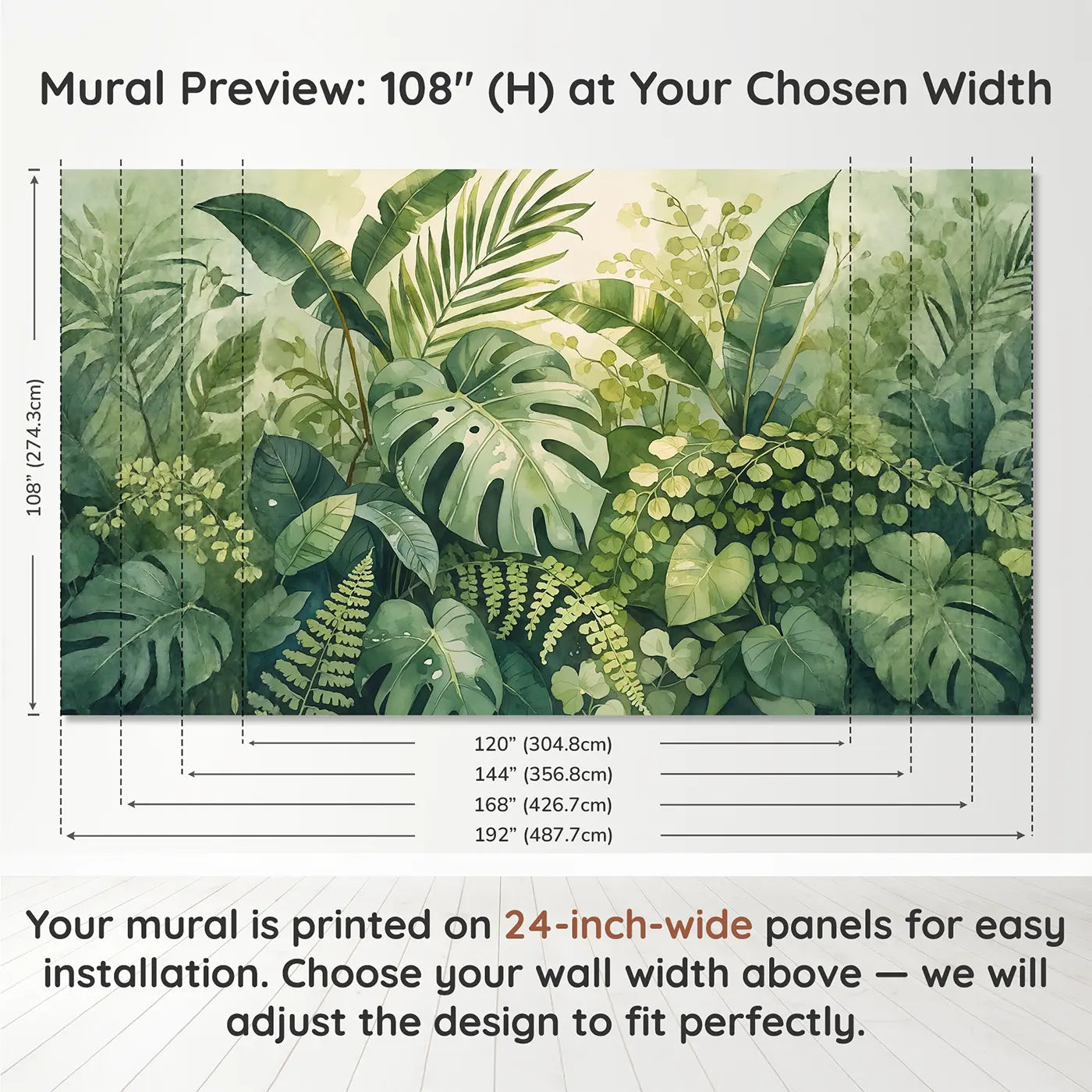 Panel layout and dimensions for Tropical Leaf Arrangement Wallpaper Mural by Whimsy Tots