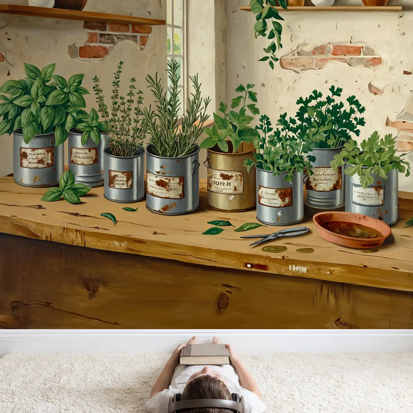 Child in nursery with Kitchen Herb Shelf Wallpaper Mural by Whimsy Tots