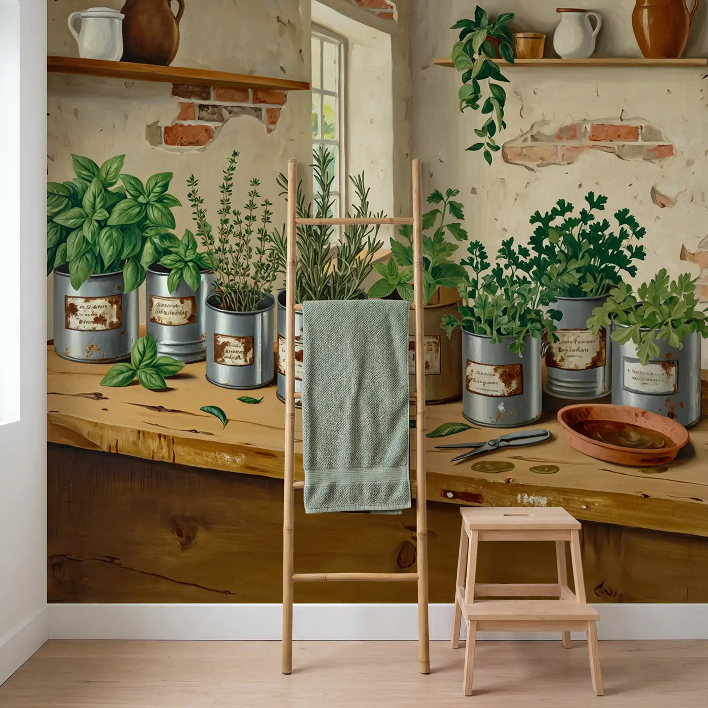Kitchen Herb Shelf Wallpaper Mural in playroom setting by Whimsy Tots