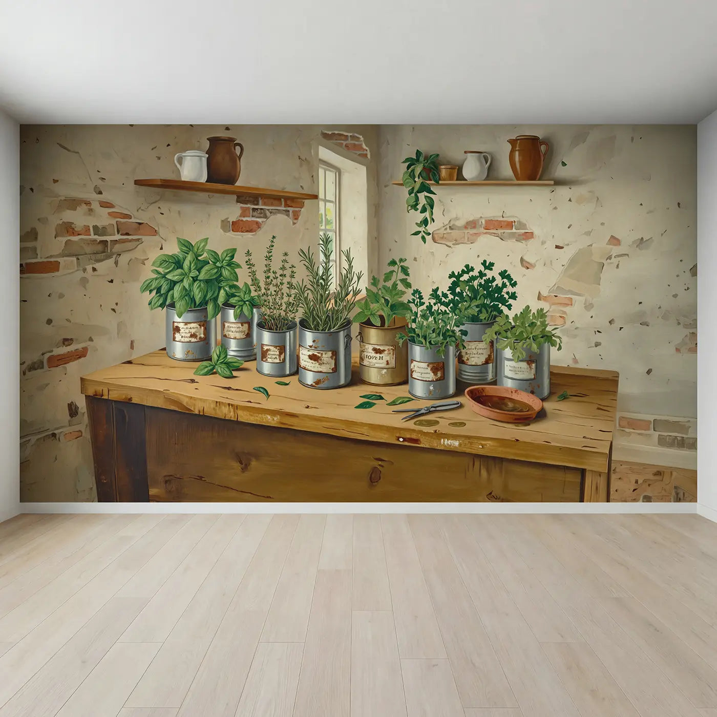 Full view of Kitchen Herb Shelf Wallpaper Mural by Whimsy Tots