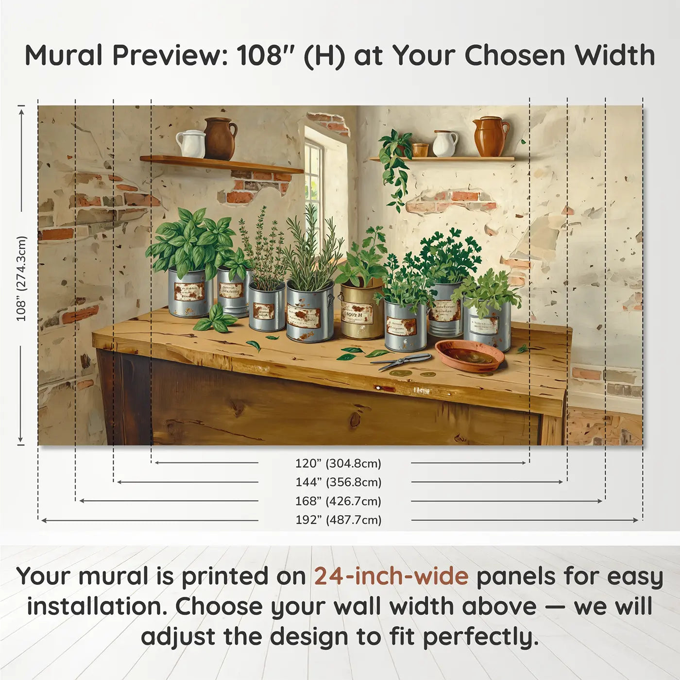 Panel layout and dimensions for Kitchen Herb Shelf Wallpaper Mural by Whimsy Tots