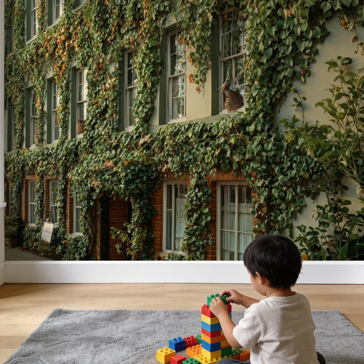 Child in nursery with Ivy Covered Facade Wallpaper Mural by Whimsy Tots