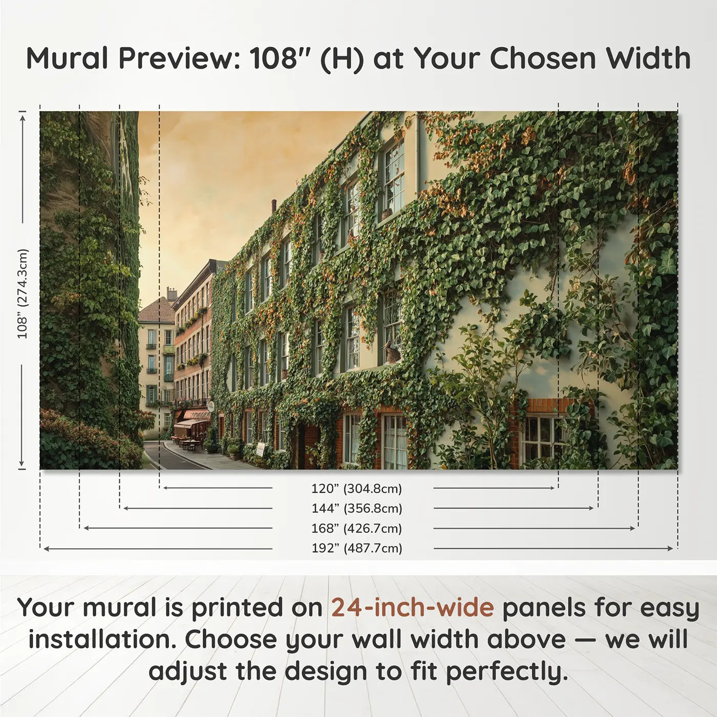 Panel layout and dimensions for Ivy Covered Facade Wallpaper Mural by Whimsy Tots