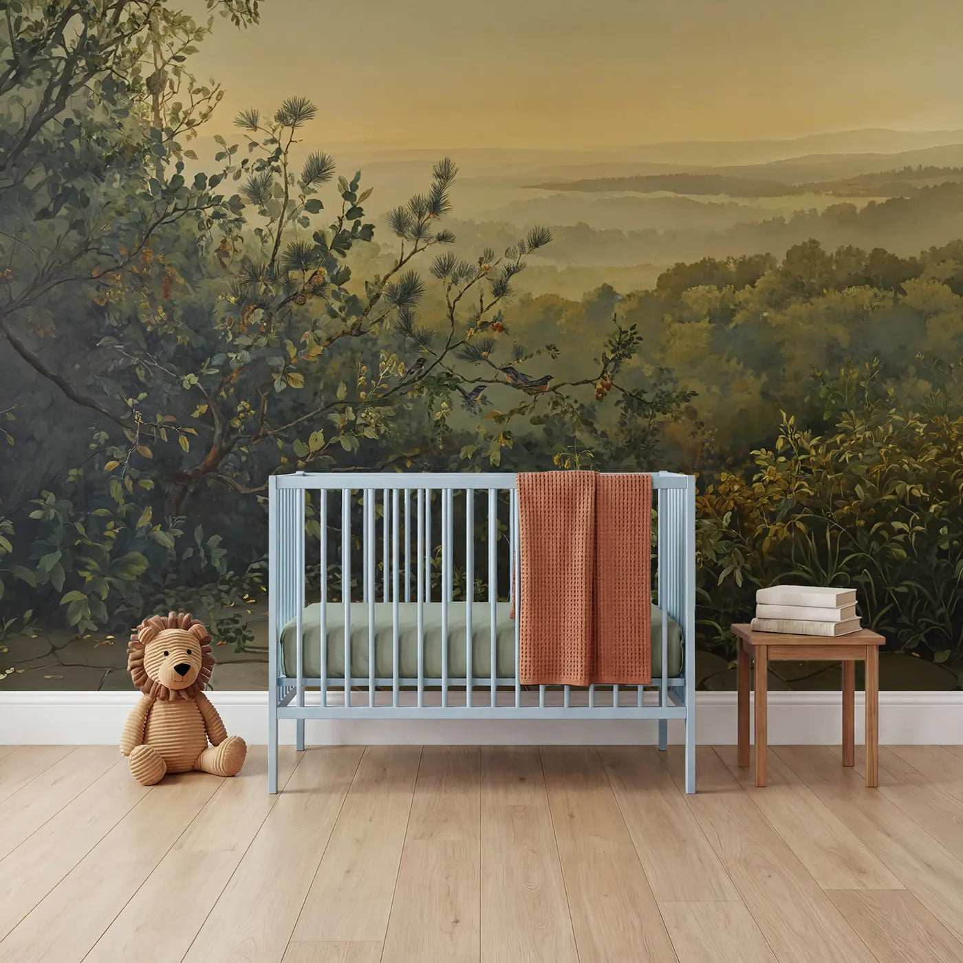 botanical pine branch needles study wallpaper mural for kids room by Whimsy Tots