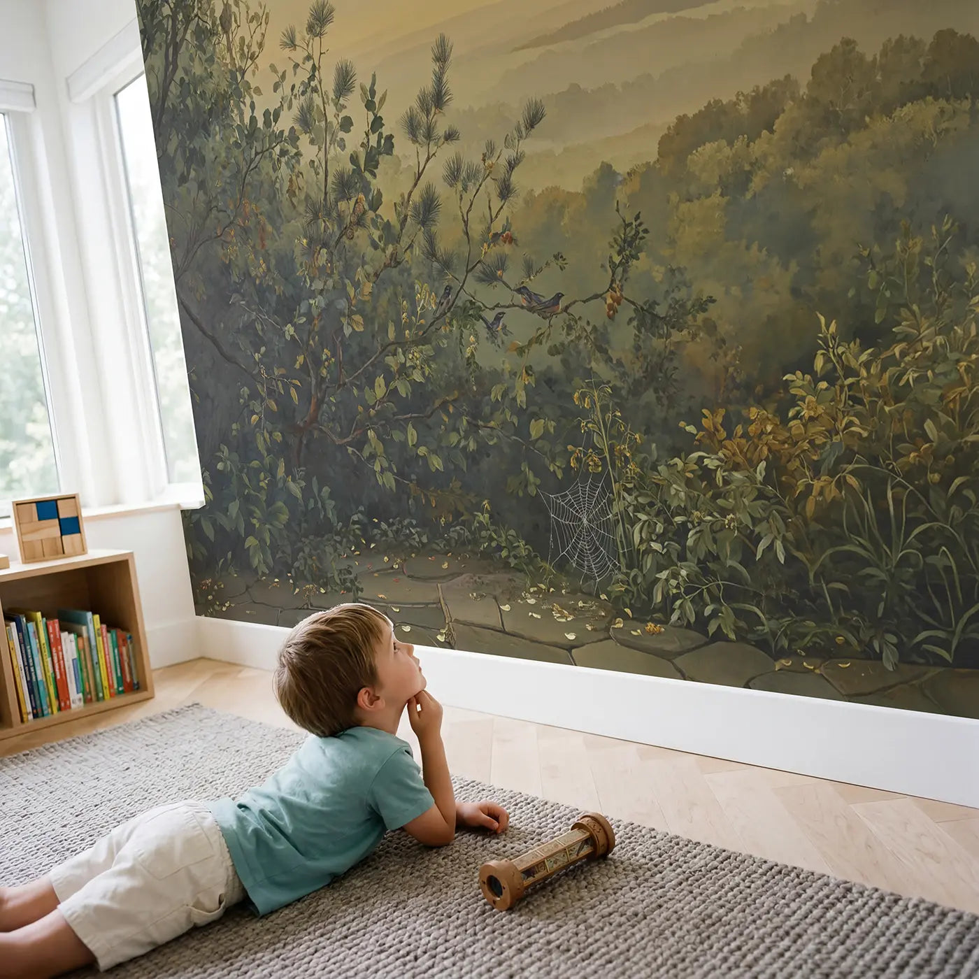 Child in nursery with Pine Branch Study Needles Wallpaper Mural by Whimsy Tots