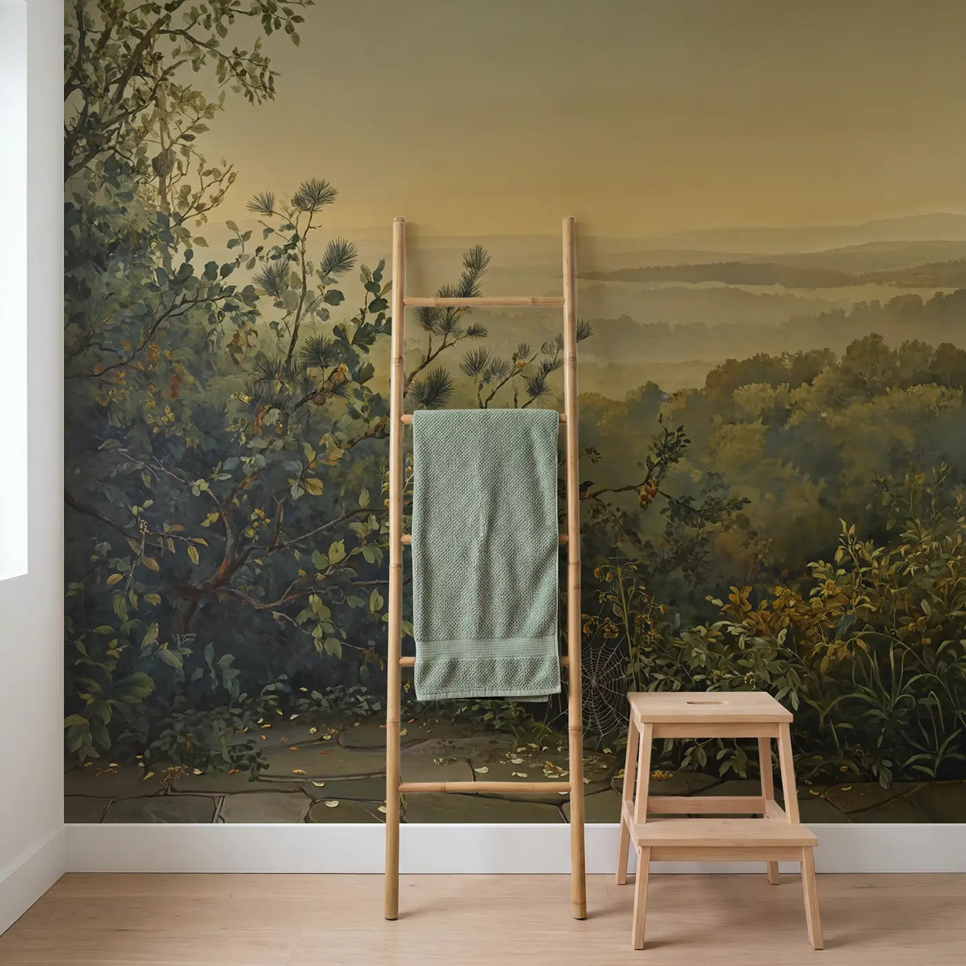 Pine Branch Study Needles Wallpaper Mural in playroom setting by Whimsy Tots
