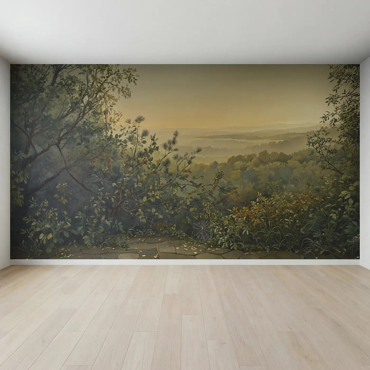 Full view of Pine Branch Study Needles Wallpaper Mural by Whimsy Tots