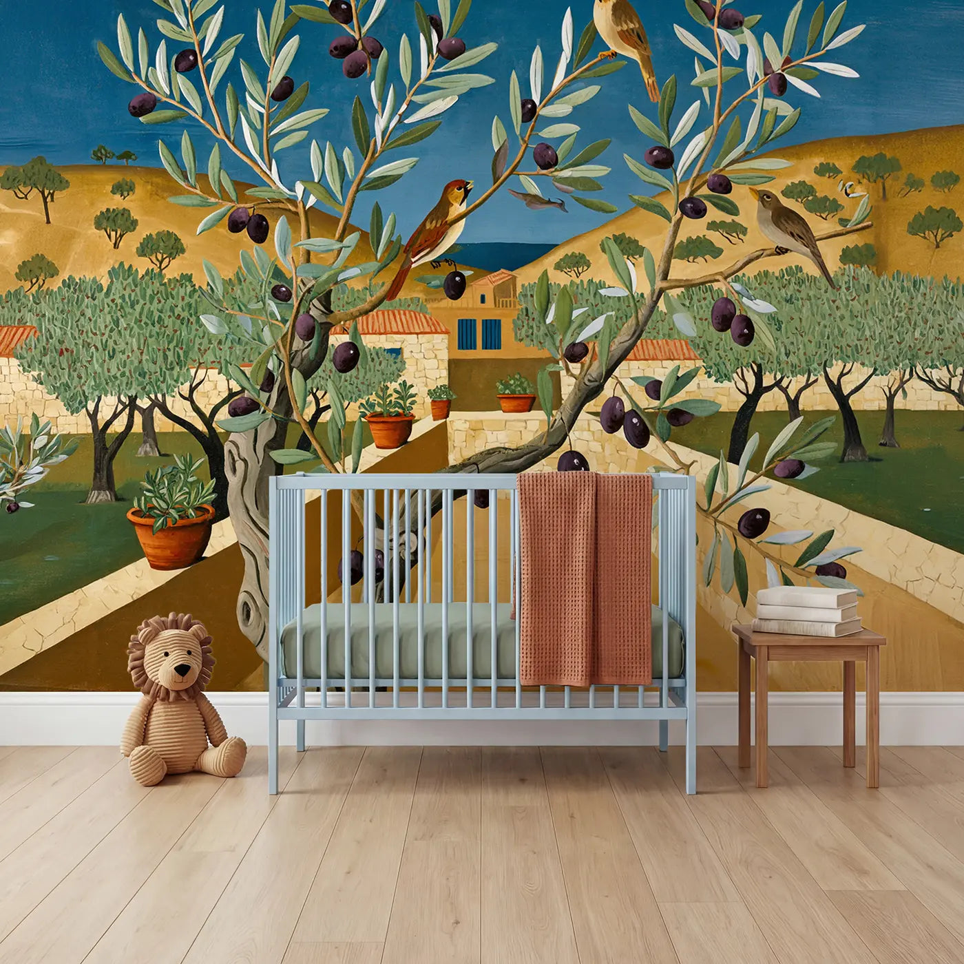 modern illustration olive branch songbirds terrace mural for nursery by Whimsy Tots