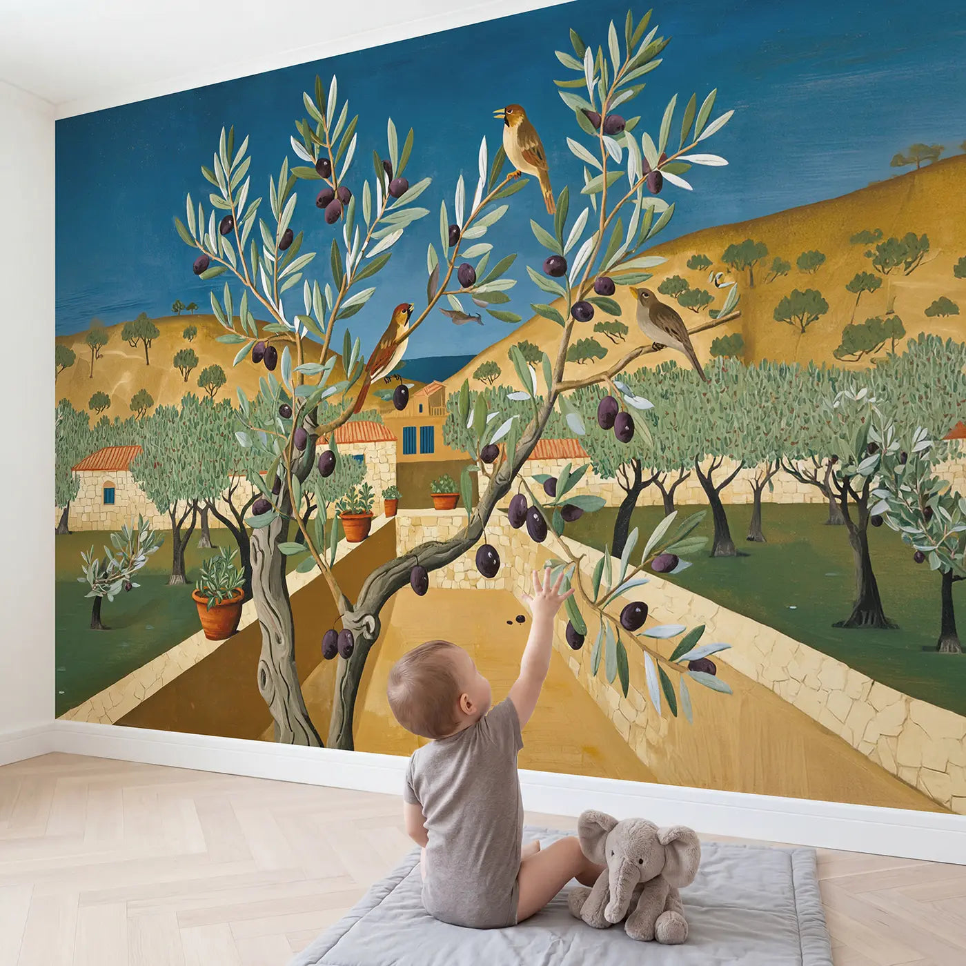 Child in nursery with Olive Branch Songbirds Terrace Wallpaper Mural by Whimsy Tots