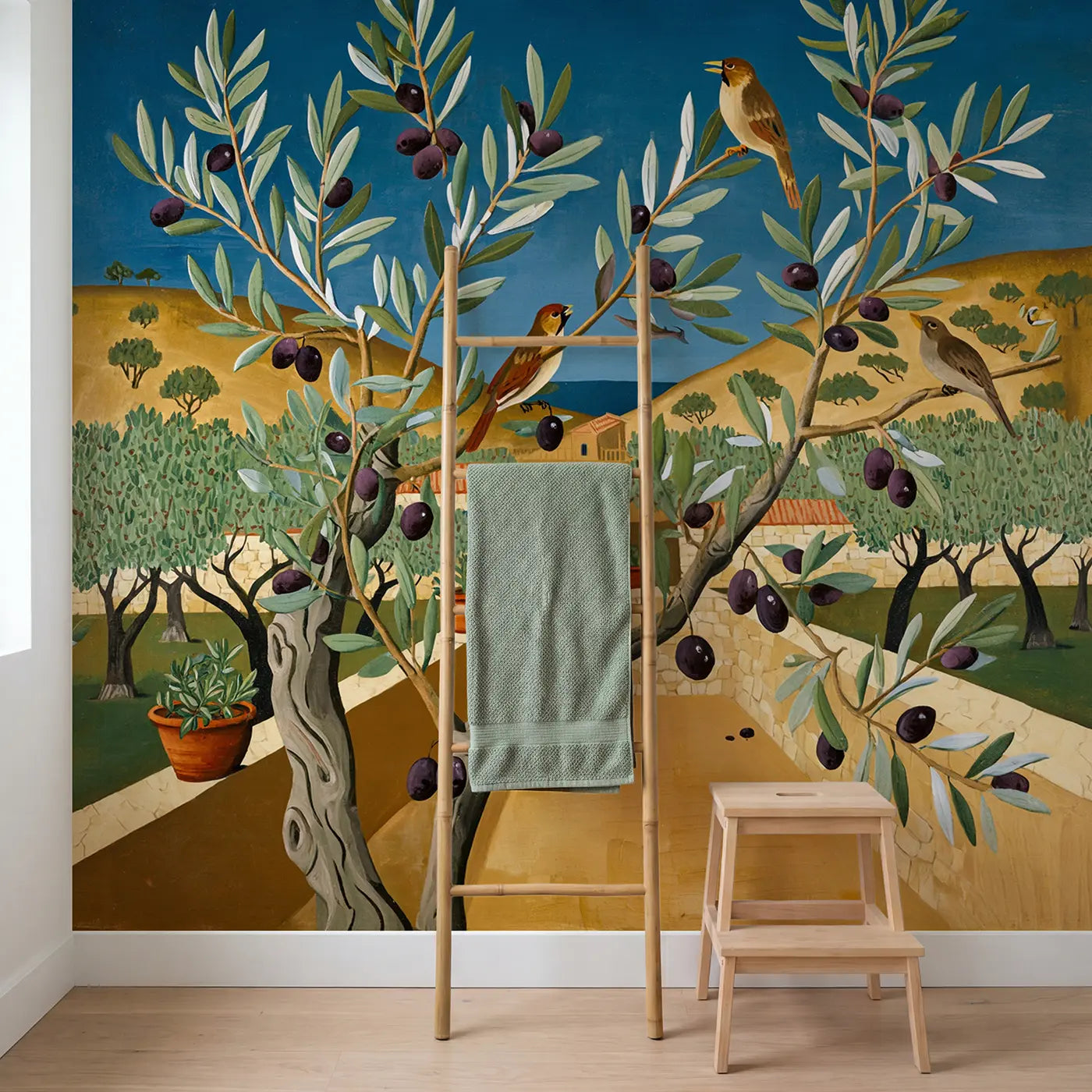 Olive Branch Songbirds Terrace Wallpaper Mural in playroom setting by Whimsy Tots