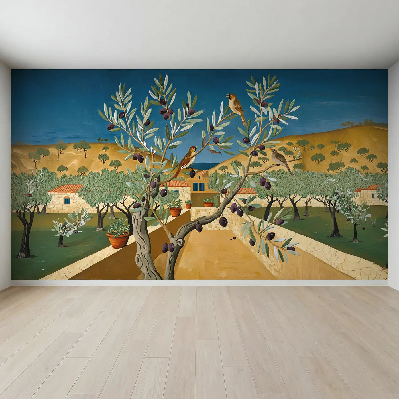 Full view of Olive Branch Songbirds Terrace Wallpaper Mural by Whimsy Tots