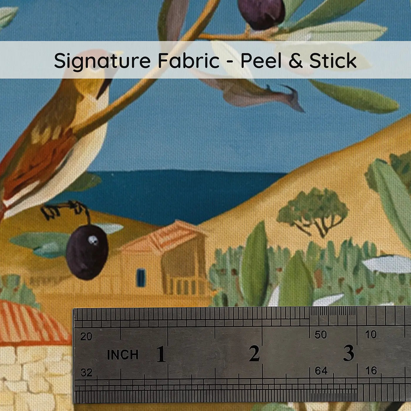 Fabric texture close-up of Olive Branch Songbirds Terrace Wallpaper Mural by Whimsy Tots