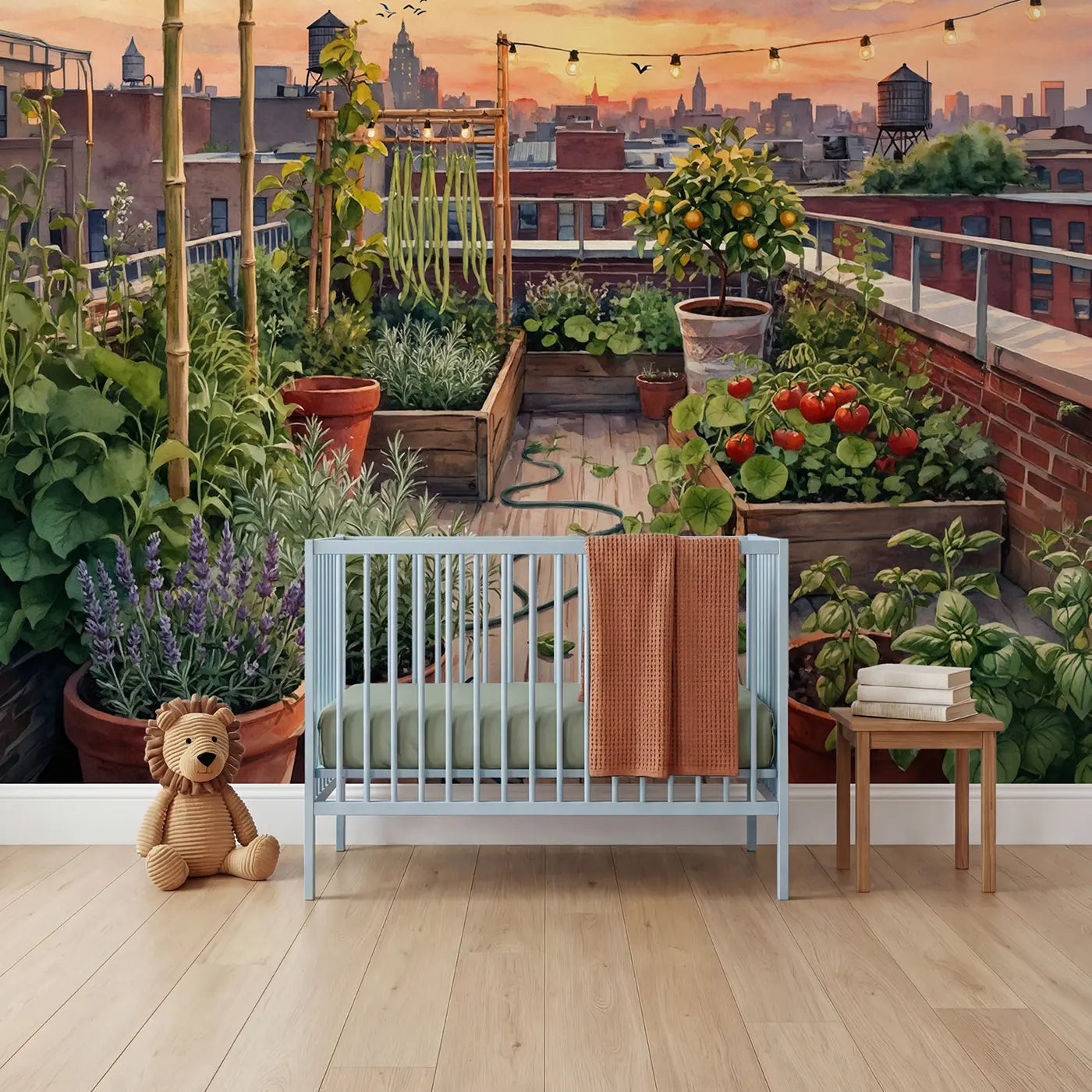 Watercolor rooftop garden sunset botanical wallpaper mural for nursery by Whimsy Tots