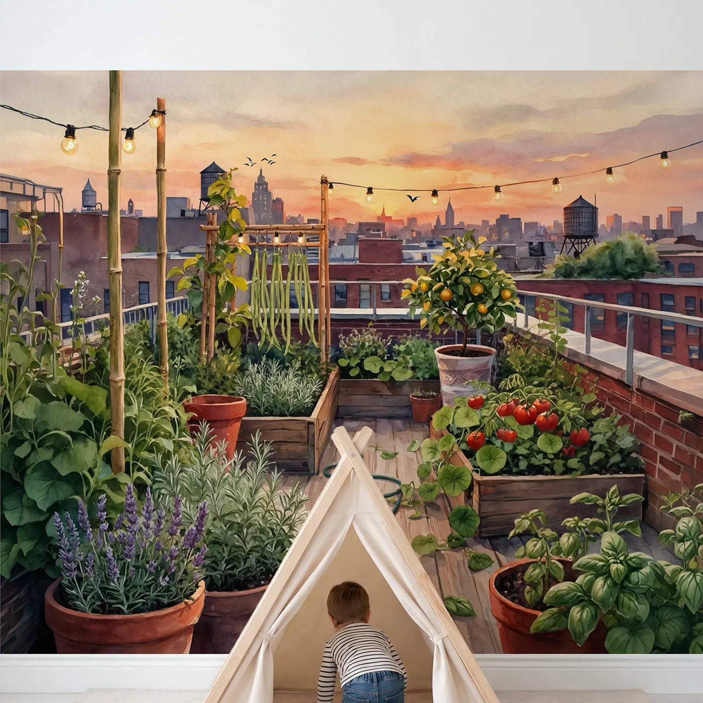 Child in nursery with Rooftop Garden Sunset Wallpaper Mural by Whimsy Tots