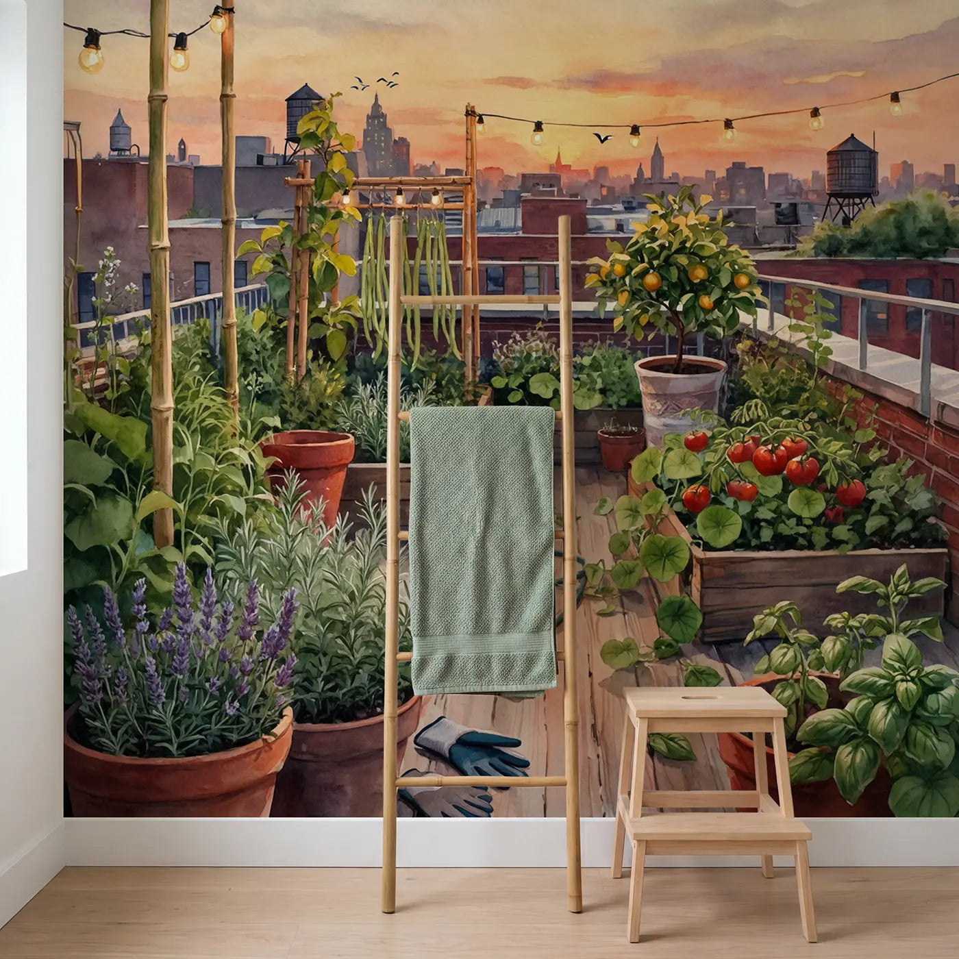 Rooftop Garden Sunset Wallpaper Mural in playroom setting by Whimsy Tots