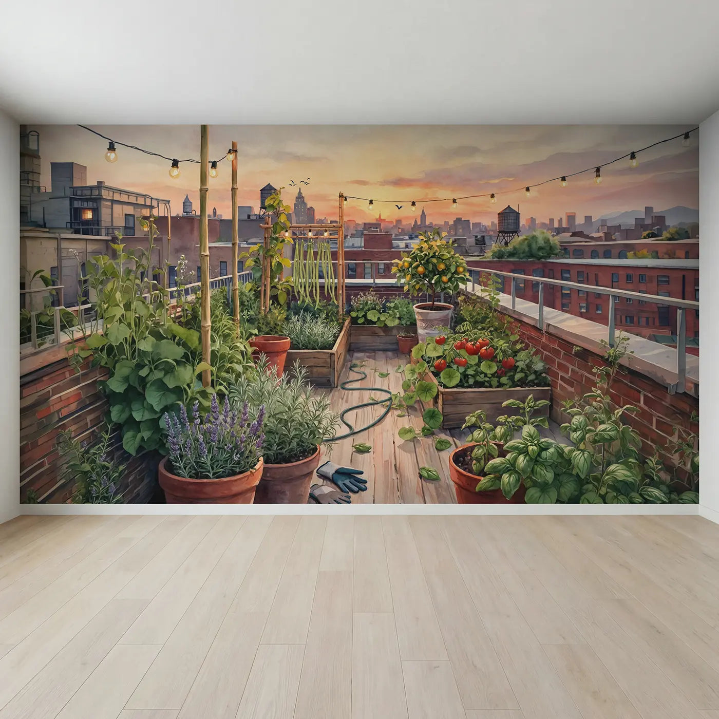 Full view of Rooftop Garden Sunset Wallpaper Mural by Whimsy Tots