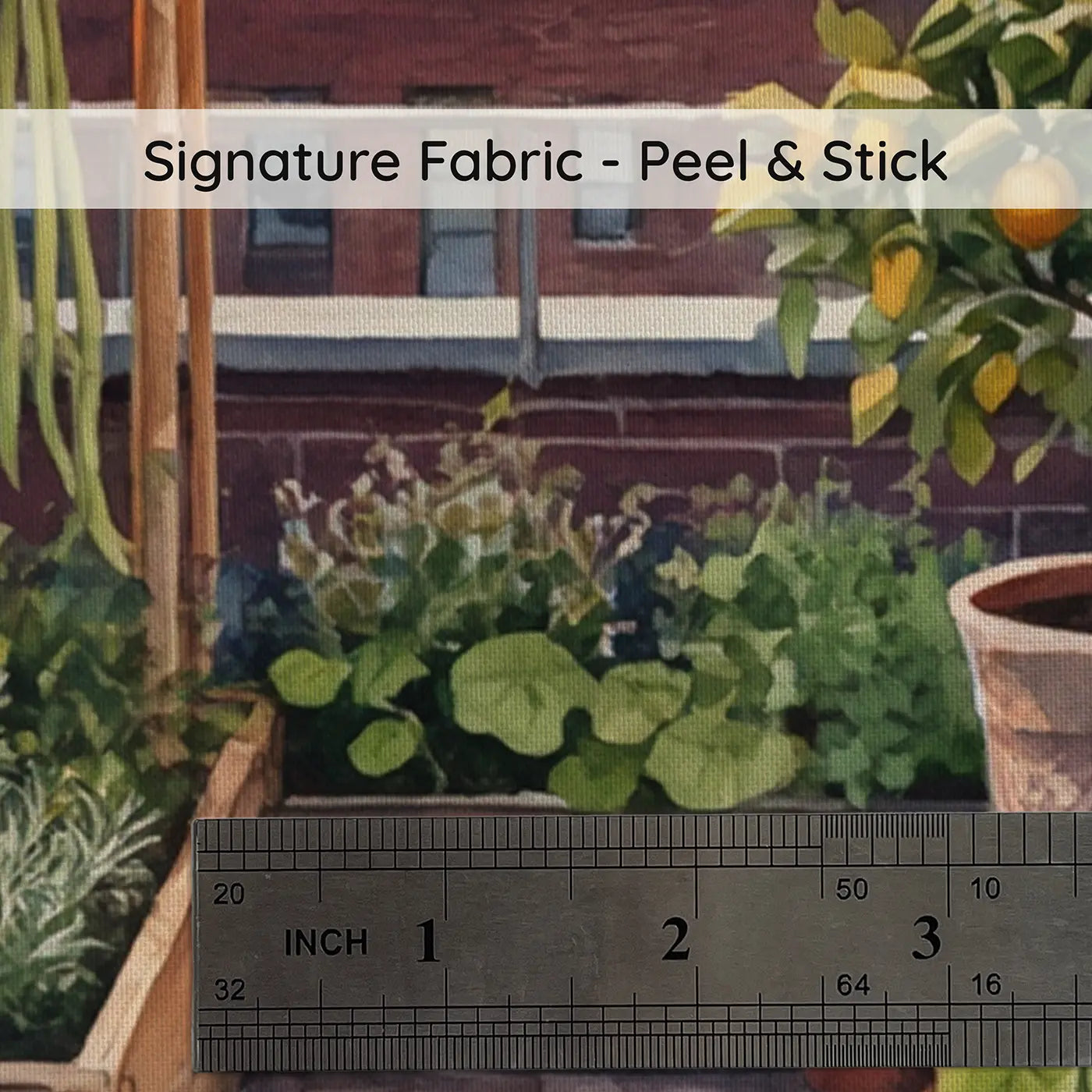 Fabric texture close-up of Rooftop Garden Sunset Wallpaper Mural by Whimsy Tots