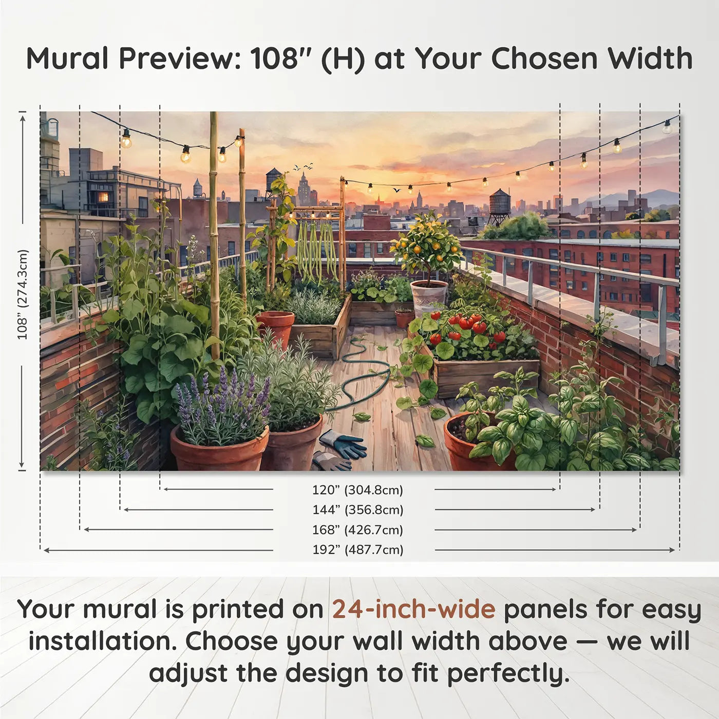 Panel layout and dimensions for Rooftop Garden Sunset Wallpaper Mural by Whimsy Tots
