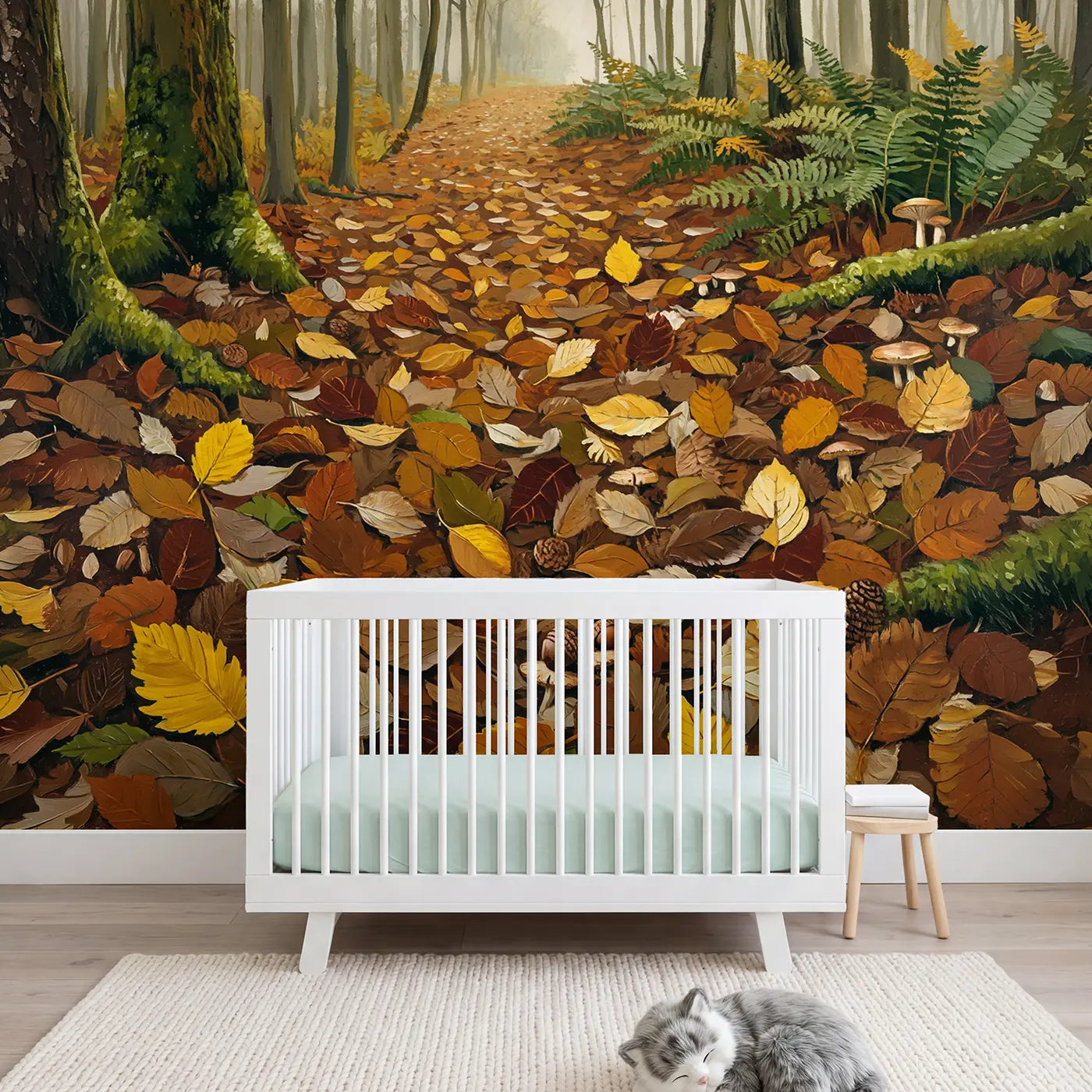 painted autumn woodland floor leaves wallpaper mural for girls room by Whimsy Tots