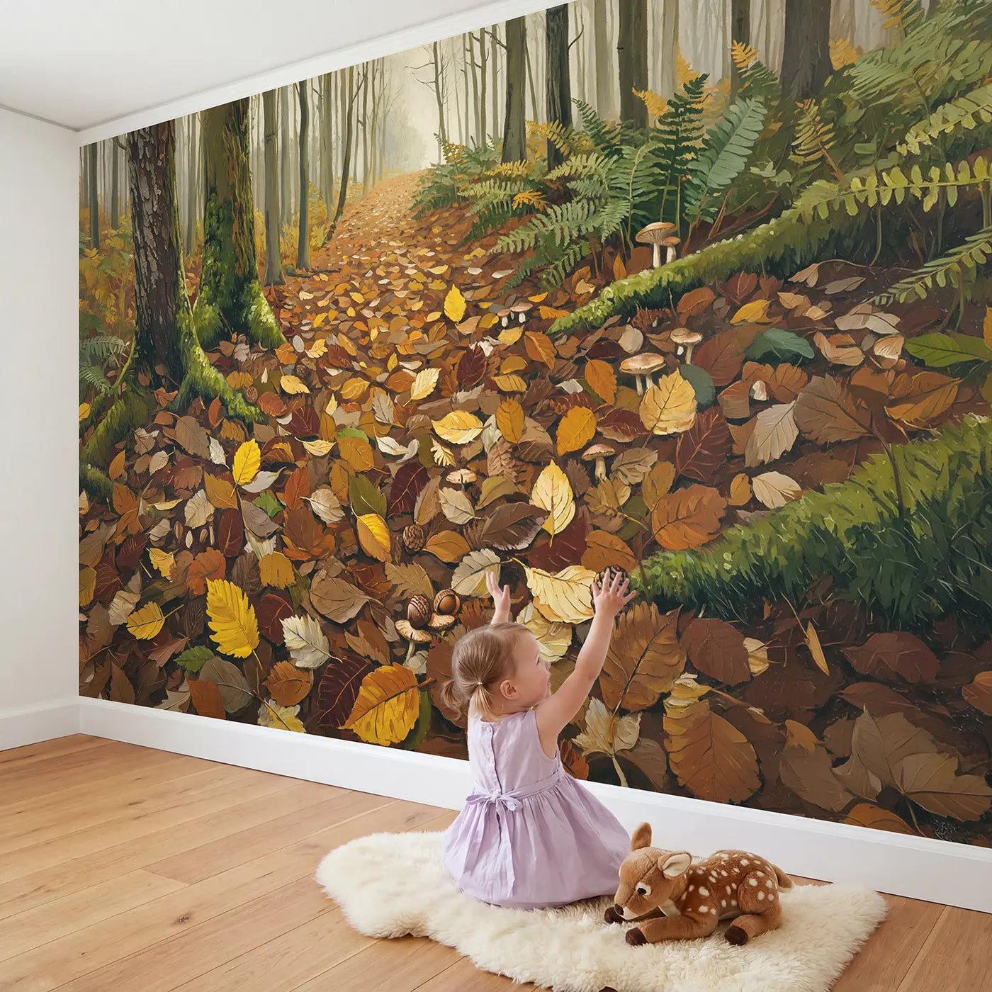 Child in nursery with Autumn Woodland Floor Wallpaper Mural by Whimsy Tots