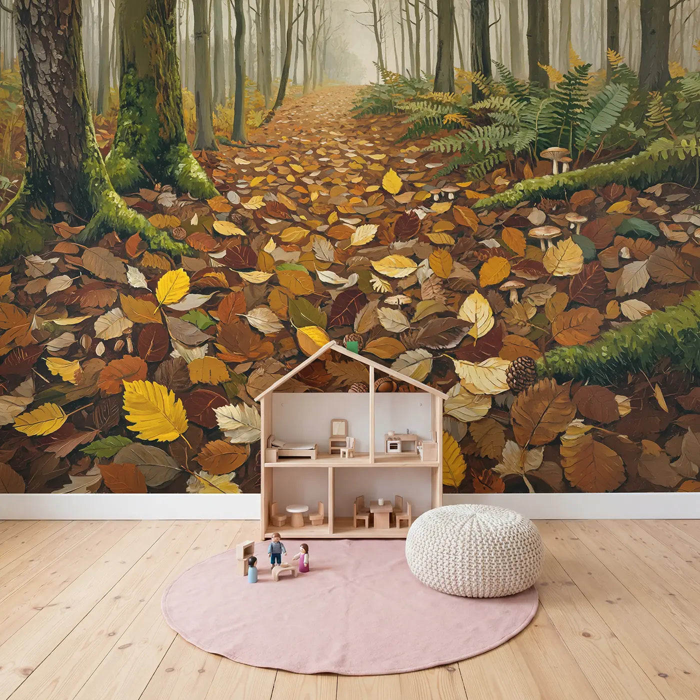 Autumn Woodland Floor Wallpaper Mural in playroom setting by Whimsy Tots